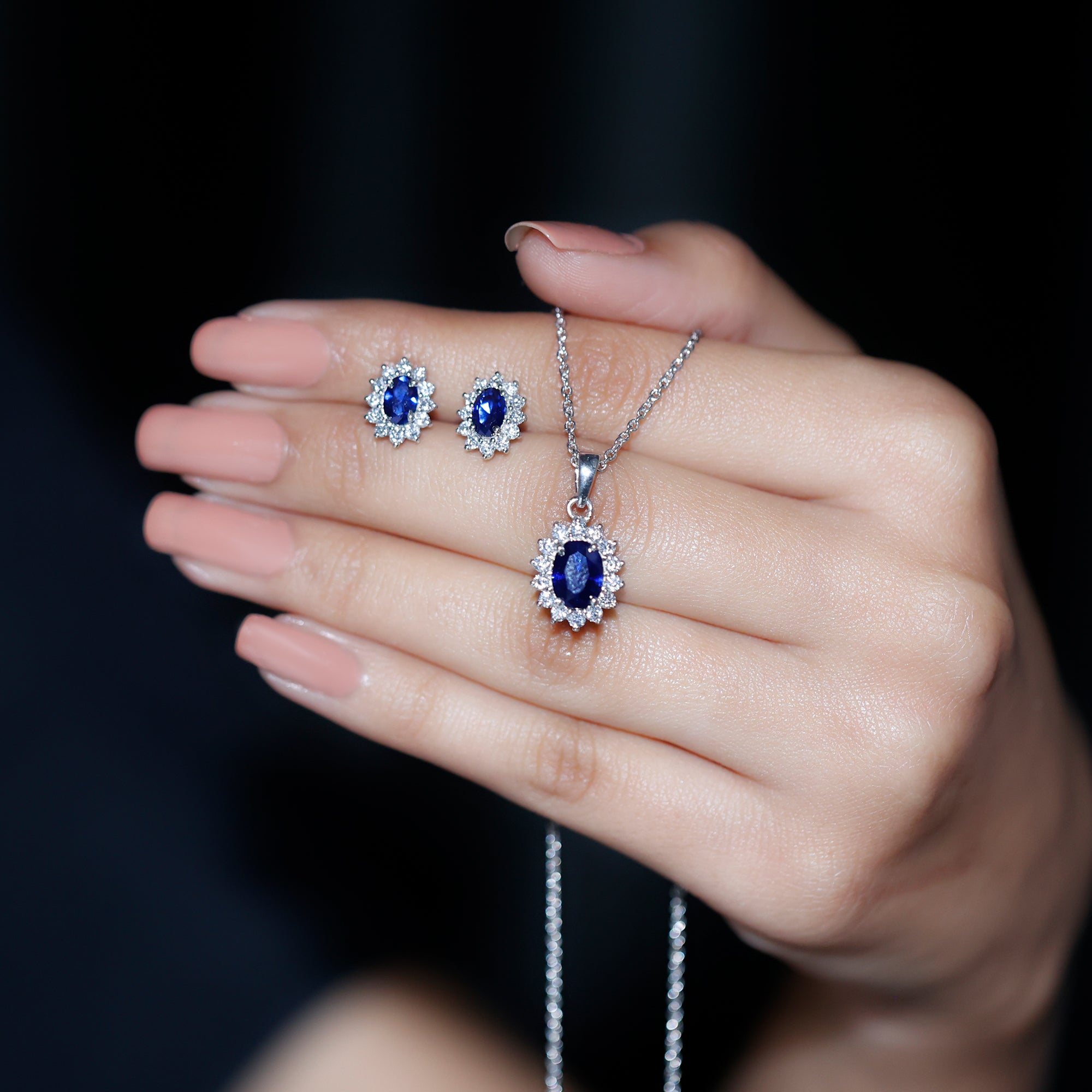 Classic Oval Cut Created Blue Sapphire and Moissanite Halo Silver Jewelry Set - Rosec Jewels