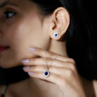 Classic Oval Cut Created Blue Sapphire and Moissanite Halo Silver Jewelry Set - Rosec Jewels