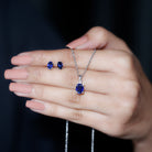 Oval Created Blue Sapphire Silver Solitaire Jewelry Set with Moissanite - Rosec Jewels