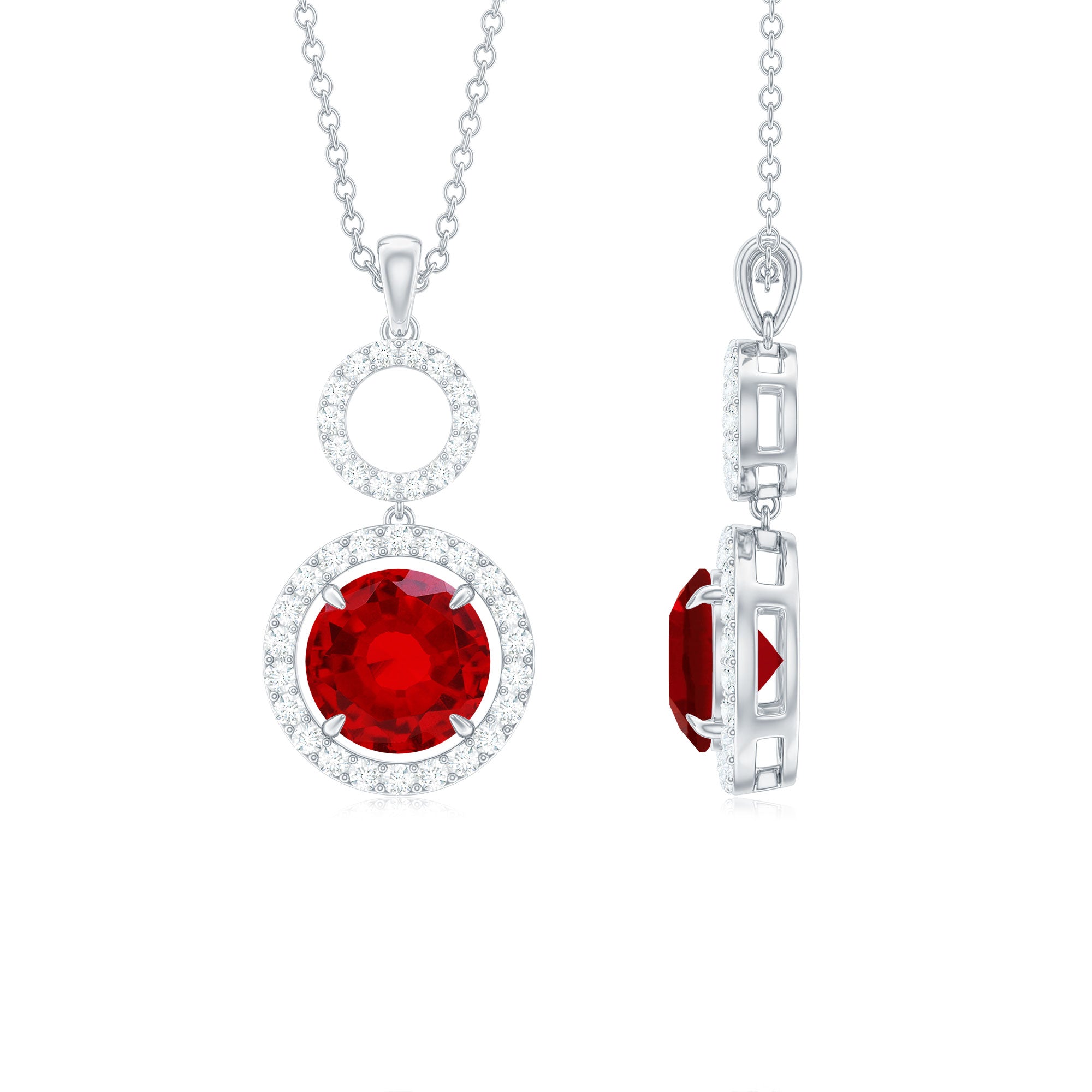 2.75 CT Created Ruby Silver Dangle Pendant Necklace with Moissanite Halo - Rosec Jewels