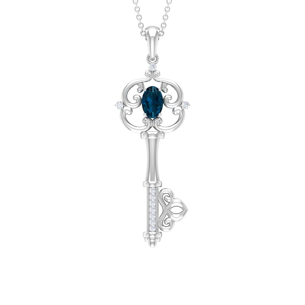 Vintage Inspired Key Pendant with Oval London Blue Topaz and Diamond London Blue Topaz - ( AAA ) - Quality - Rosec Jewels