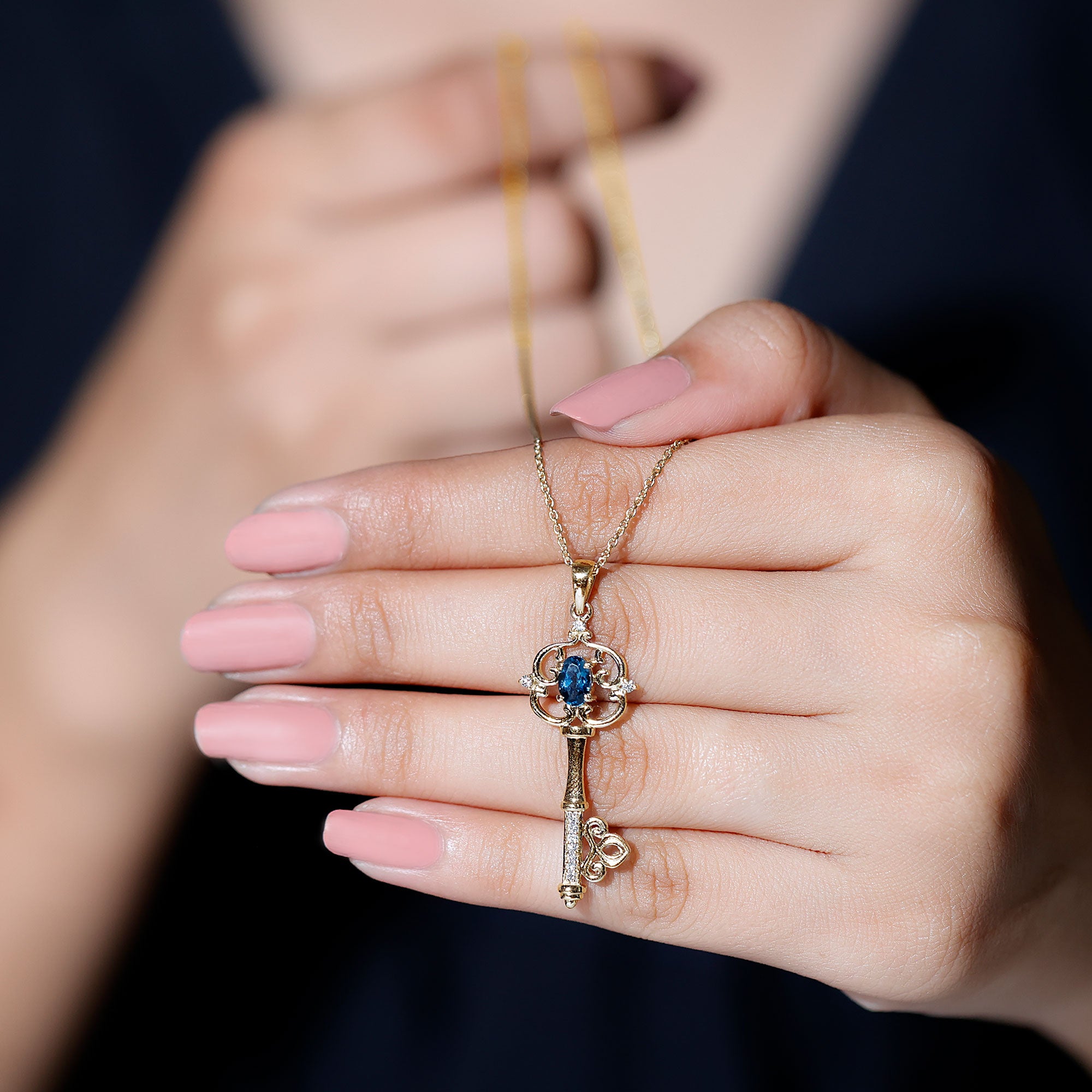 Vintage Inspired Key Pendant with Oval London Blue Topaz and Diamond London Blue Topaz - ( AAA ) - Quality - Rosec Jewels