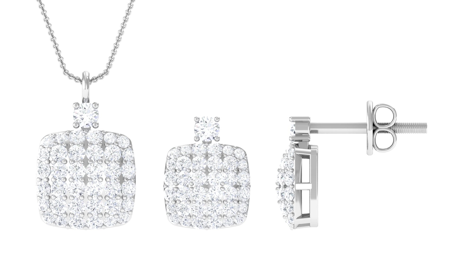 Round Moissanite Square Shape Pendant and Earrings Moissanite - ( D-VS1 ) - Color and Clarity - Rosec Jewels