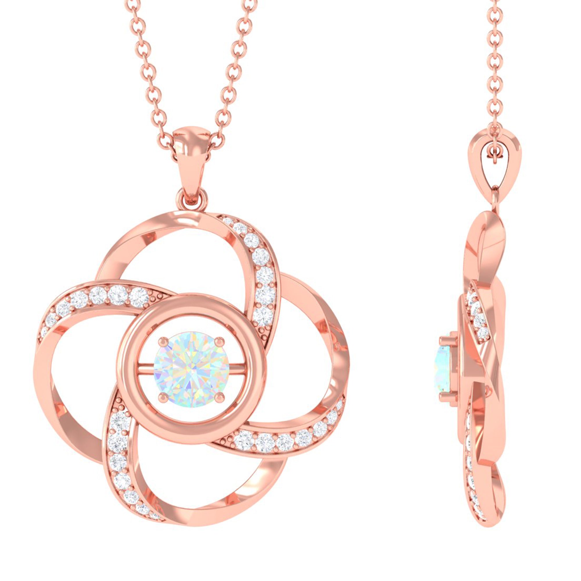 Natural Ethiopian Opal Floral Pendant Necklace with Diamond Ethiopian Opal - ( AAA ) - Quality - Rosec Jewels