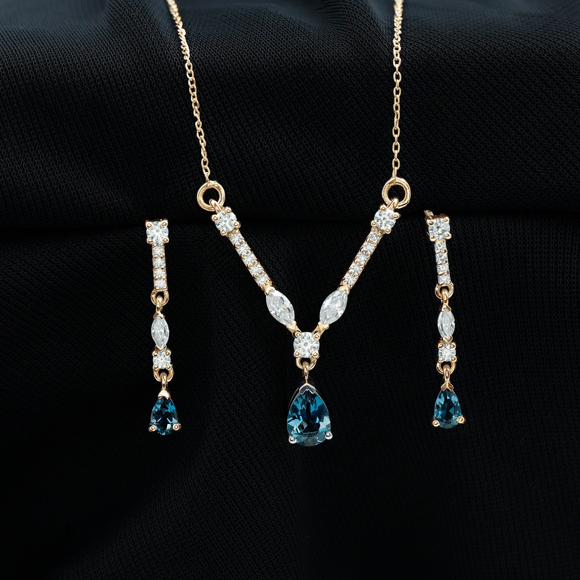 London Blue Topaz and Moissanite Drop Necklace Earrings Set London Blue Topaz - ( AAA ) - Quality - Rosec Jewels