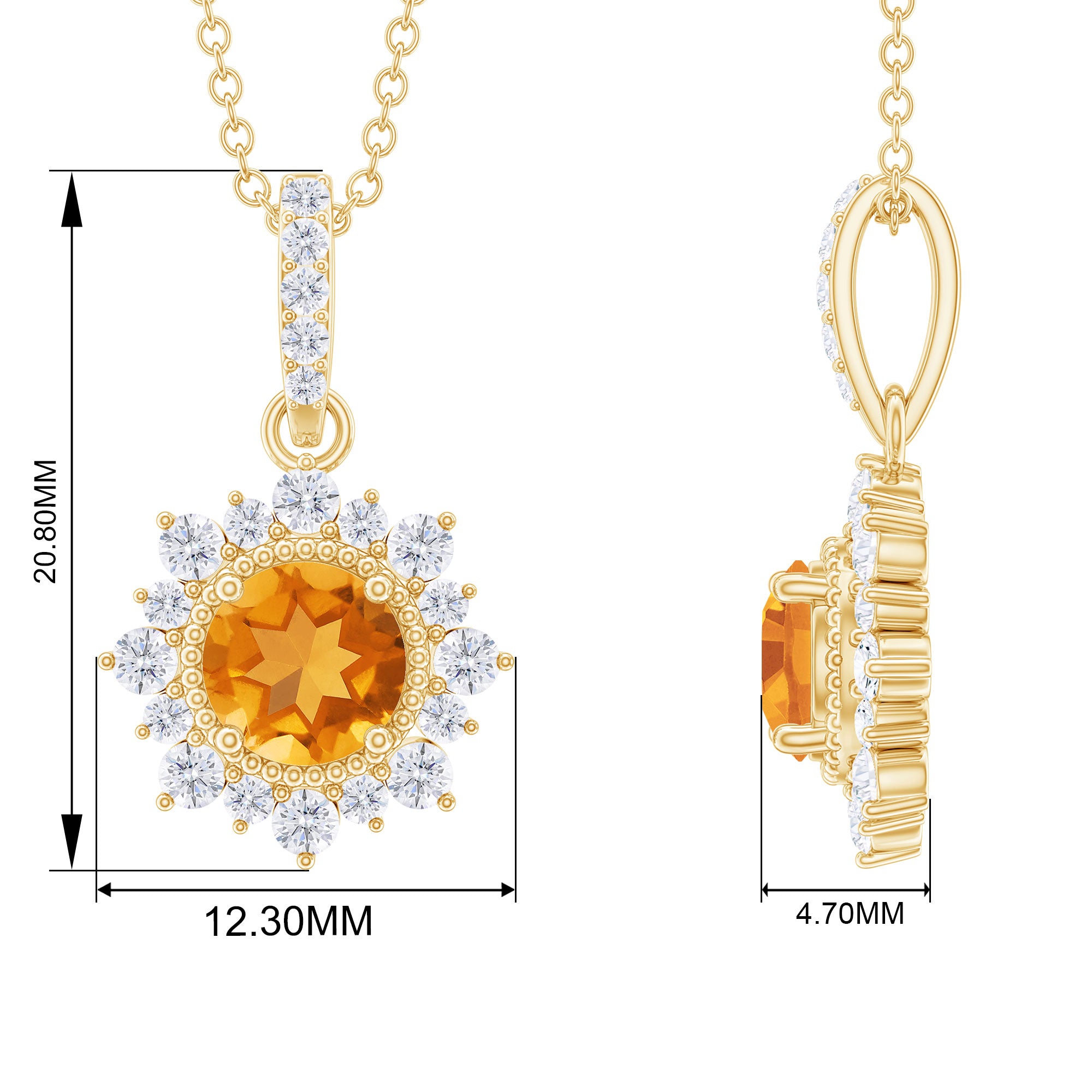 Round Citrine Halo Pendant with Diamond Accent Bail Citrine - ( AAA ) - Quality - Rosec Jewels