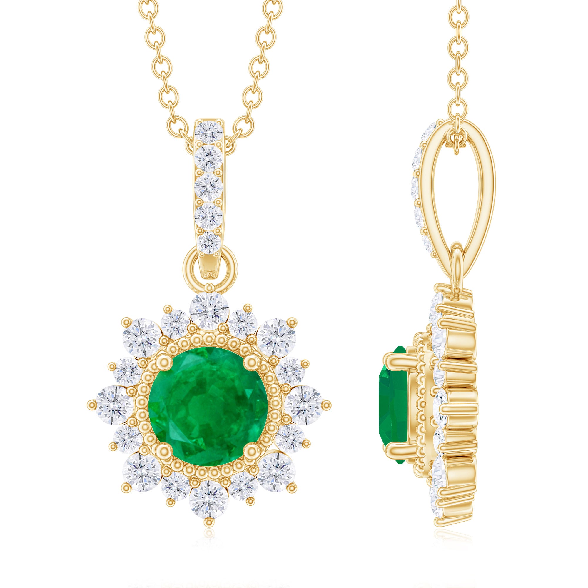 Round Emerald Halo Pendant with Diamond Accent Bail Emerald - ( AAA ) - Quality - Rosec Jewels