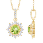 Round Peridot Halo Pendant with Diamond Accent Bail Peridot - ( AAA ) - Quality - Rosec Jewels