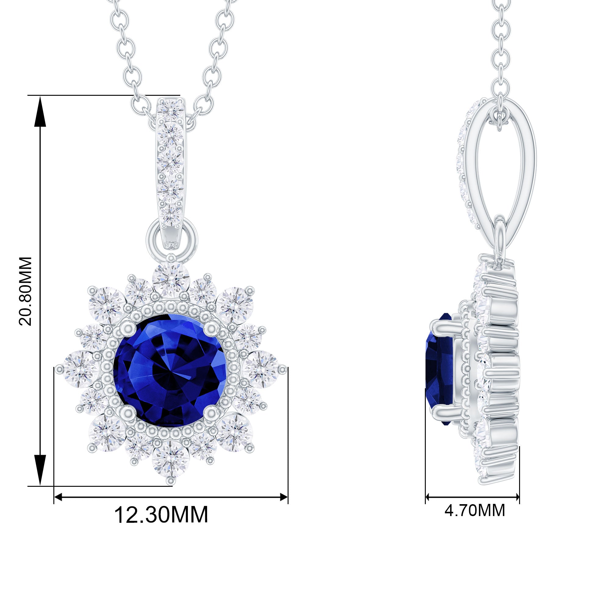 Round Created Blue Sapphire Halo Pendant with Diamond Lab Created Blue Sapphire - ( AAAA ) - Quality - Rosec Jewels