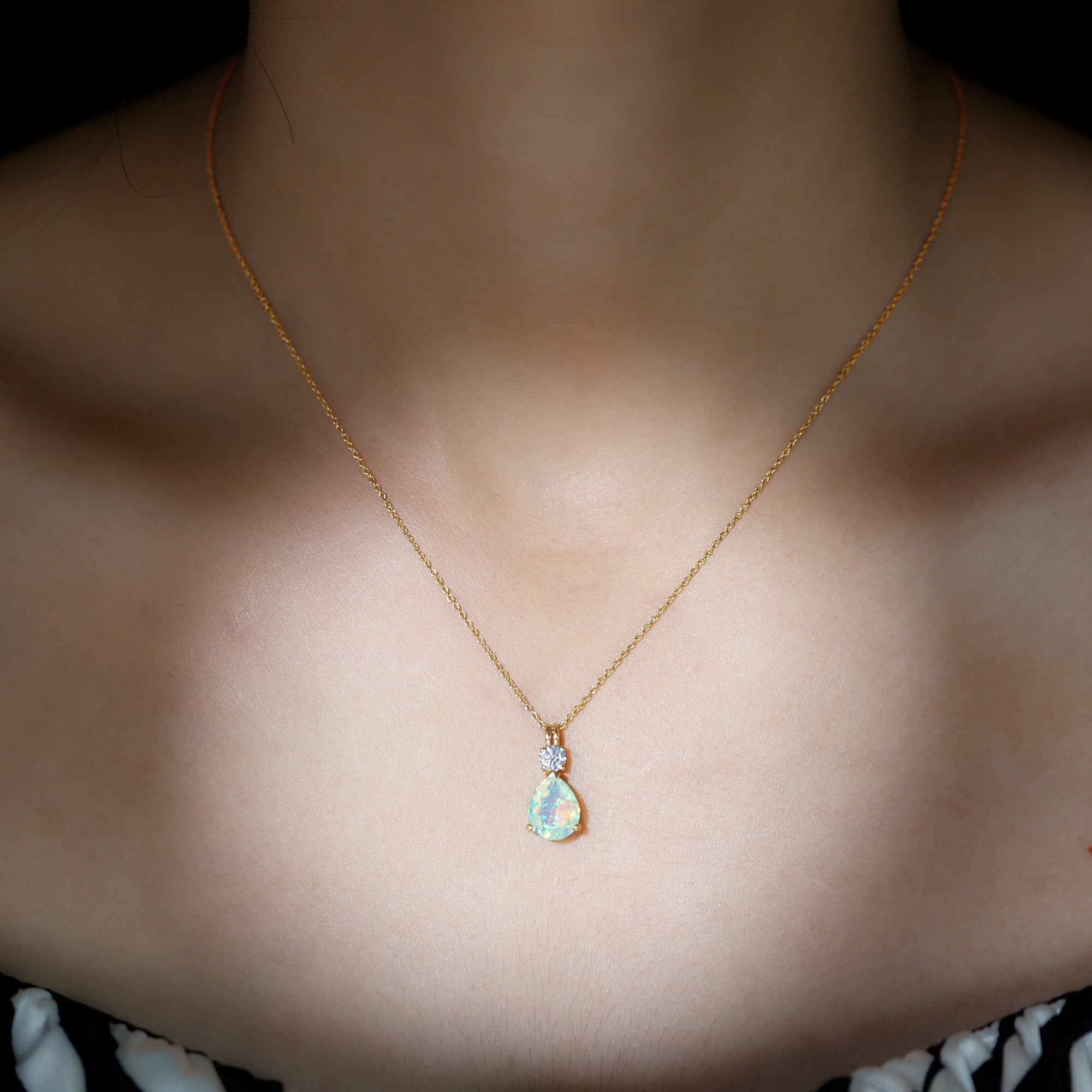 Simple Ethiopian Opal Teardrop Pendant with Moissanite Ethiopian Opal - ( AAA ) - Quality - Rosec Jewels