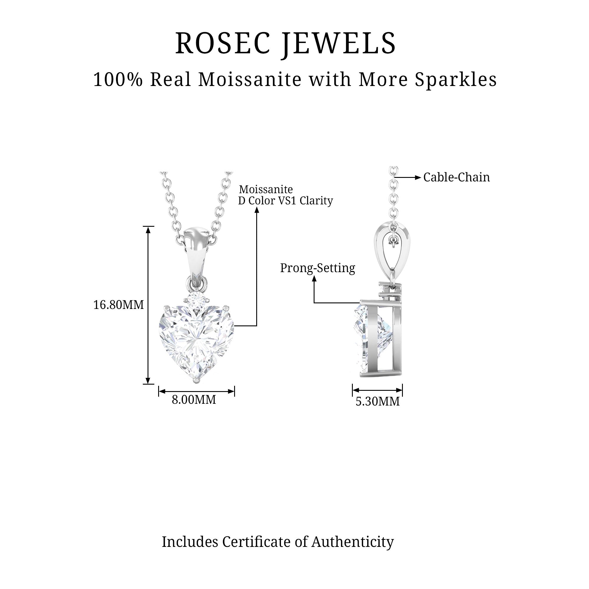 Certified Moissanite Solitaire Heart Pendant Necklace in Silver - Rosec Jewels