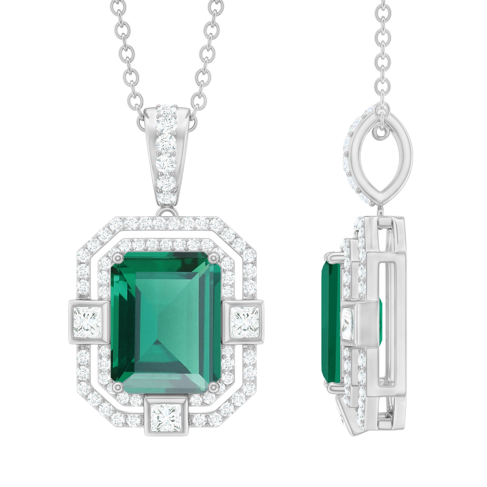 Vintage Inspired Octagon Cut Created Emerald and Moissanite Pendant in Silver - Rosec Jewels