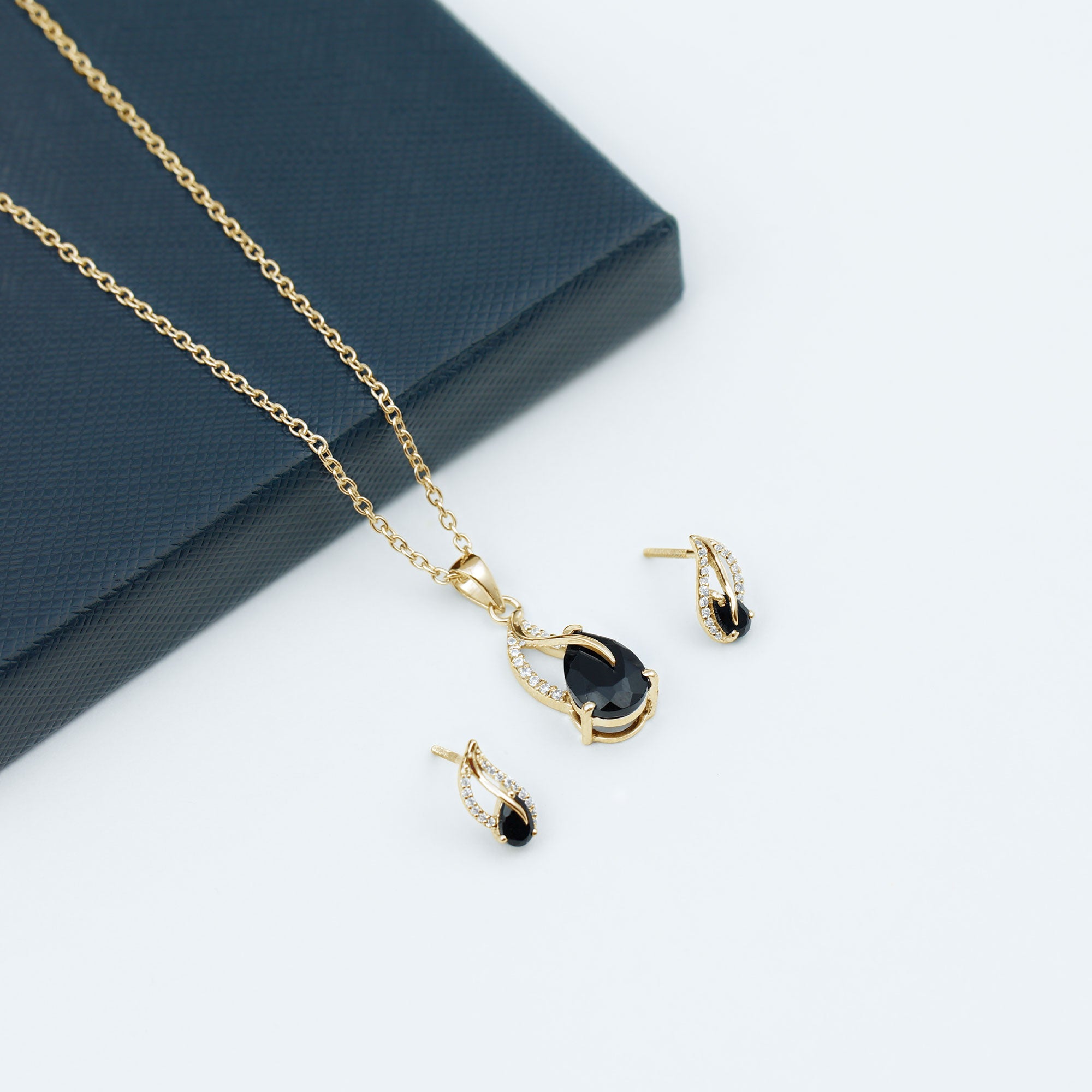 Minimal Teardrop jewelry Set with 3 CT Pear Cut Black Onyx and moissanite stones Black Onyx - ( AAA ) - Quality - Rosec Jewels