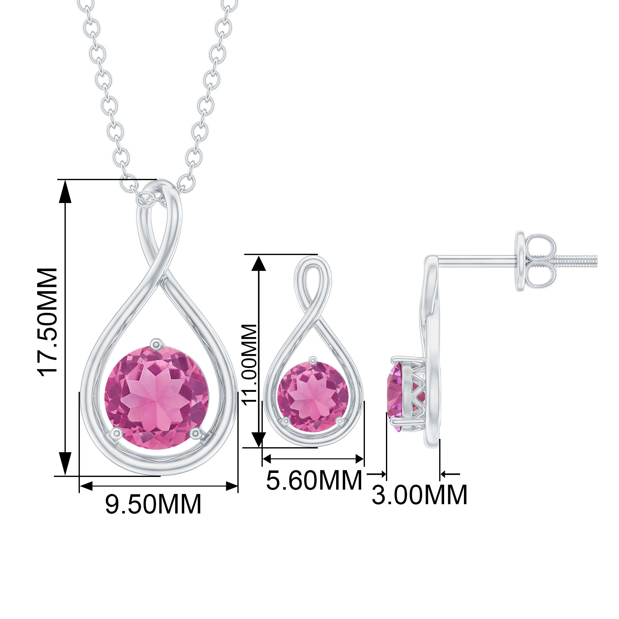 1.25 CT Solitaire Pink Tourmaline Infinity Pendant and Earring Set Pink Tourmaline - ( AAA ) - Quality - Rosec Jewels