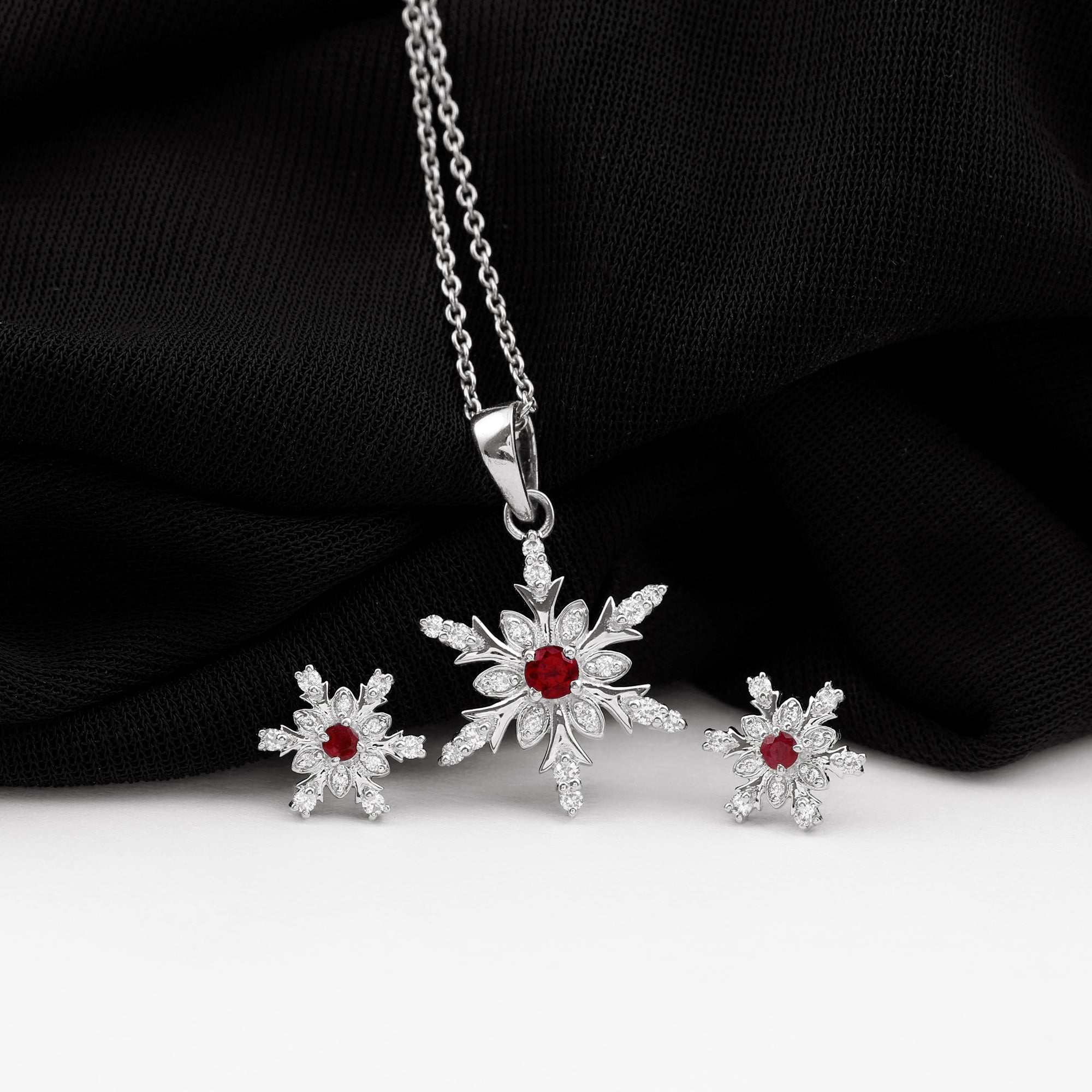 Vintage Lab Grown Ruby and Diamond Snowflake Pendant and Earrings Lab Created Ruby - ( AAAA ) - Quality - Rosec Jewels