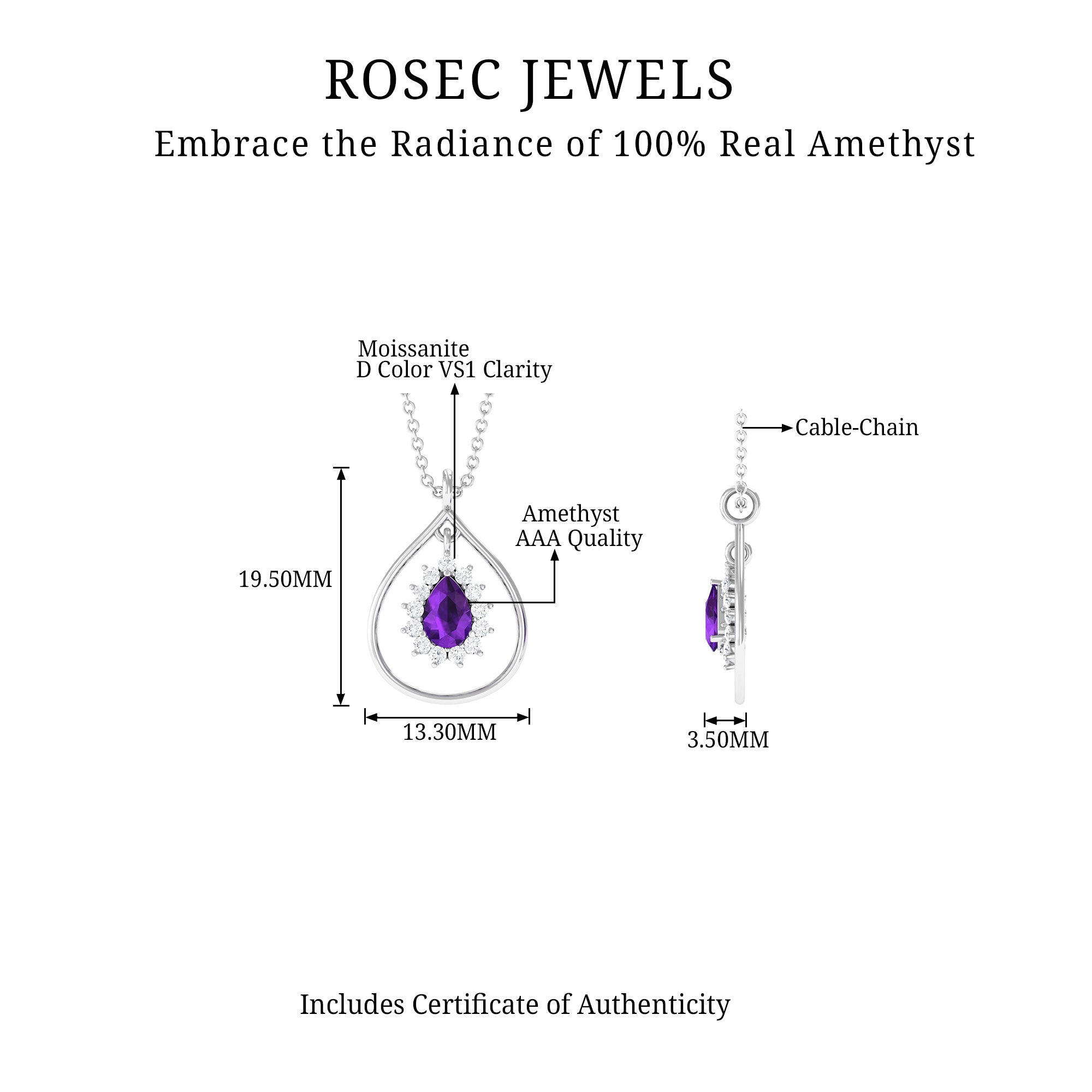 Real Amethyst Moissanite Teardrop Pendant Necklace - Rosec Jewels