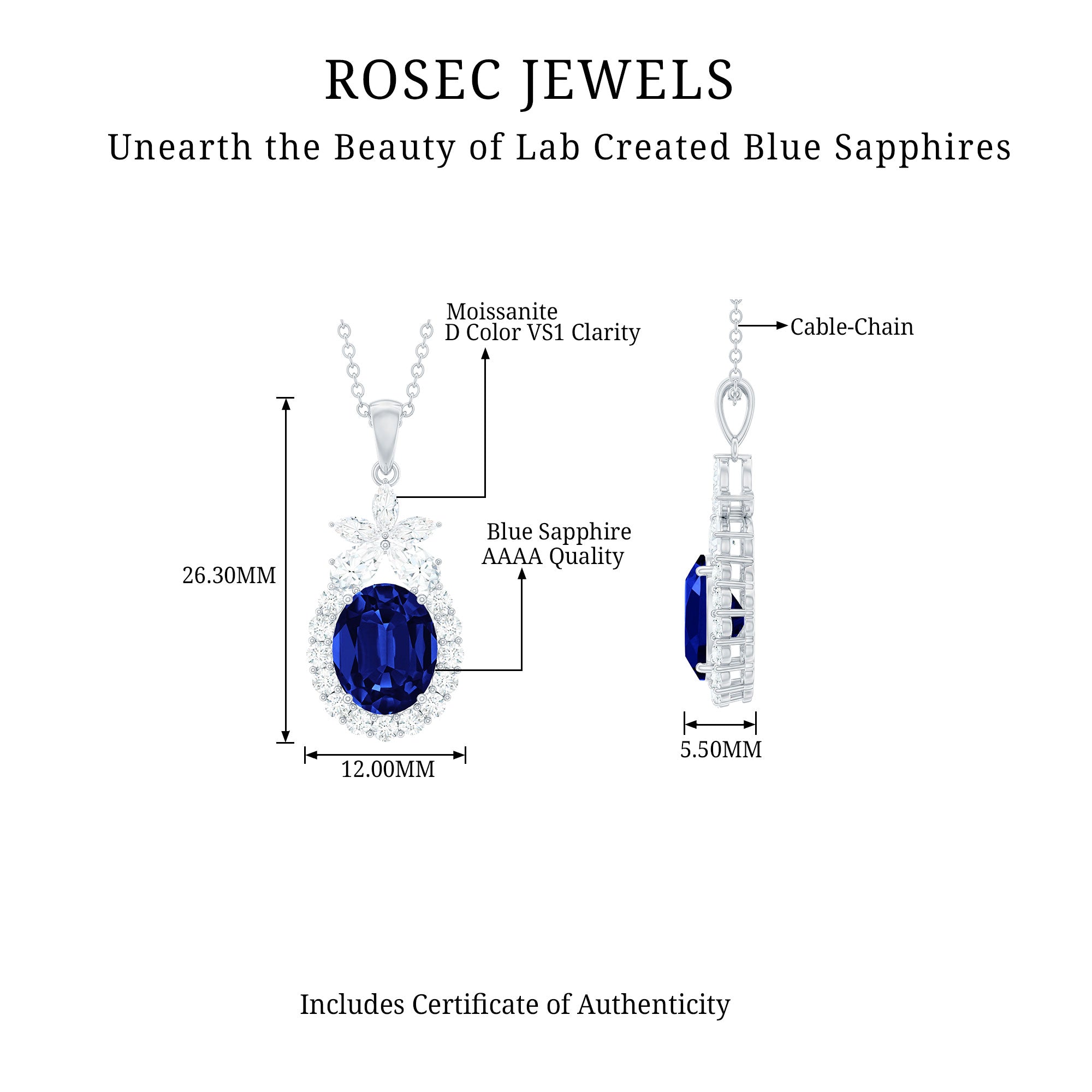 Oval Cut Created Blue Sapphire and Moissanite Silver Floral Statement Pendant - Rosec Jewels