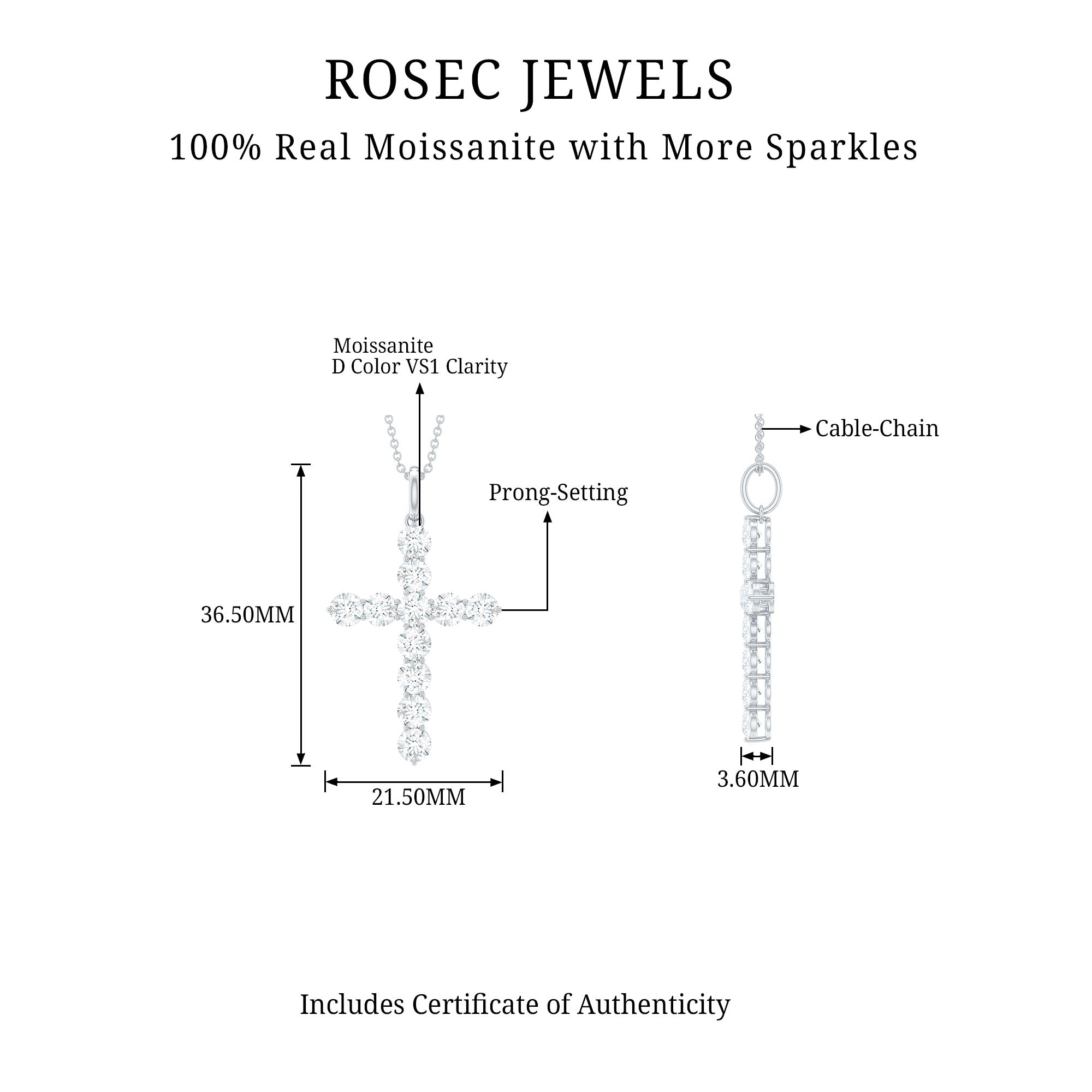 Rosec Jewels-3.50 CT Moissanite Cross Pendant Necklace