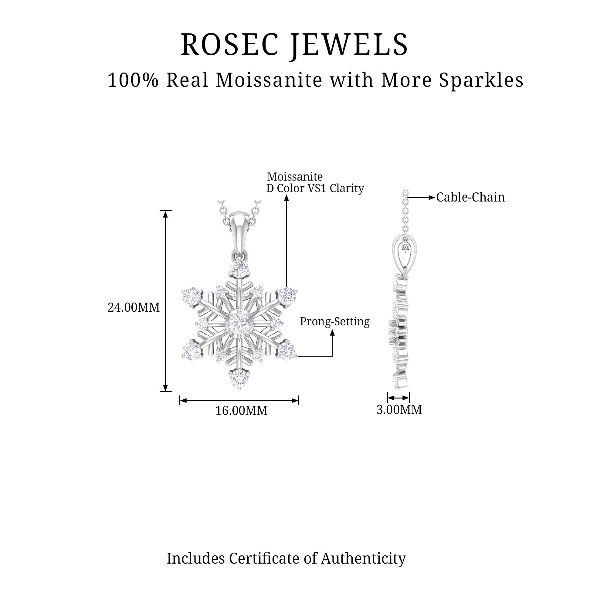 Classic Certified Moissanite Snowflake Pendant in Silver - Rosec Jewels