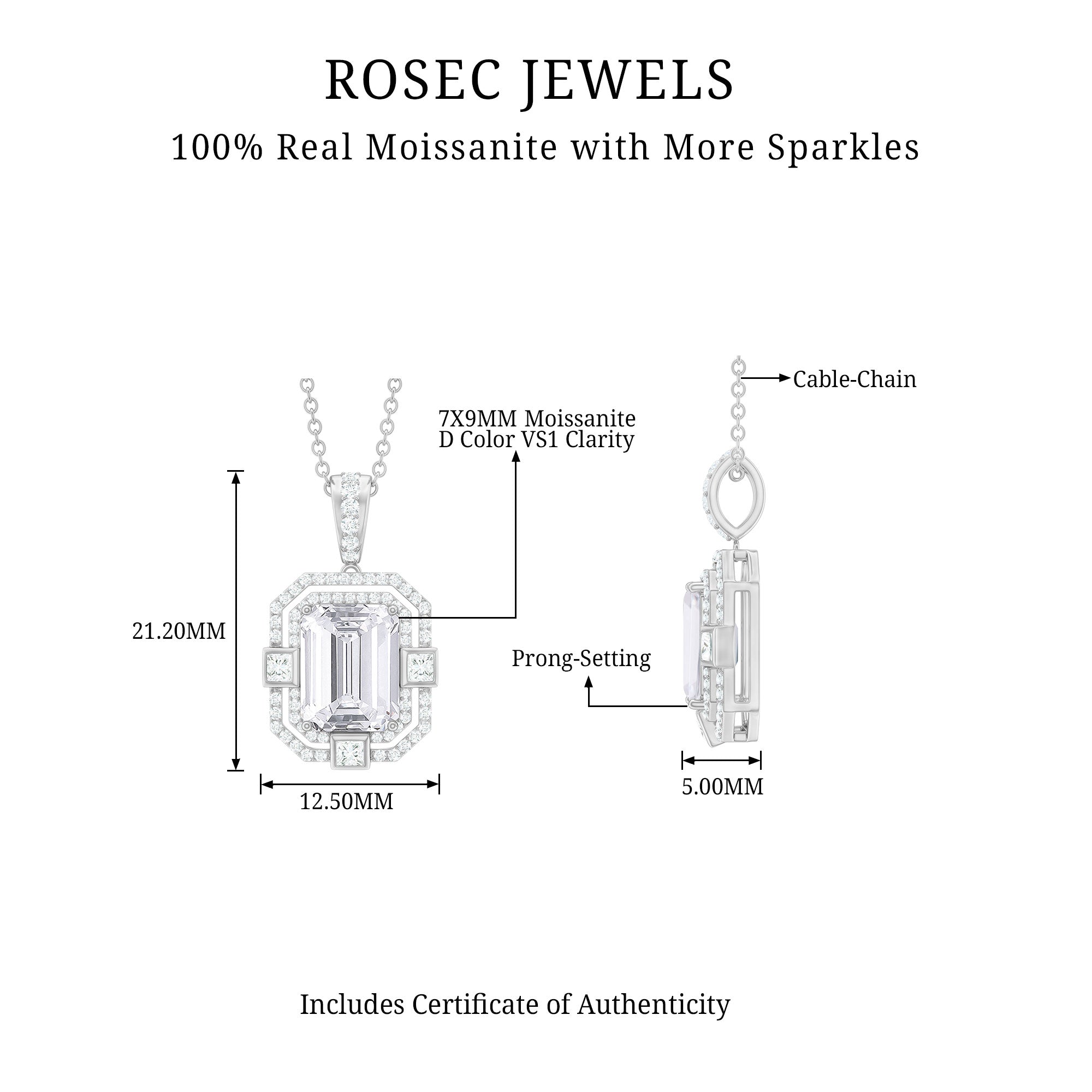 Vintage Style Emerald Cut Moissanite Halo Pendant Necklace Moissanite - ( D-VS1 ) - Color and Clarity - Rosec Jewels