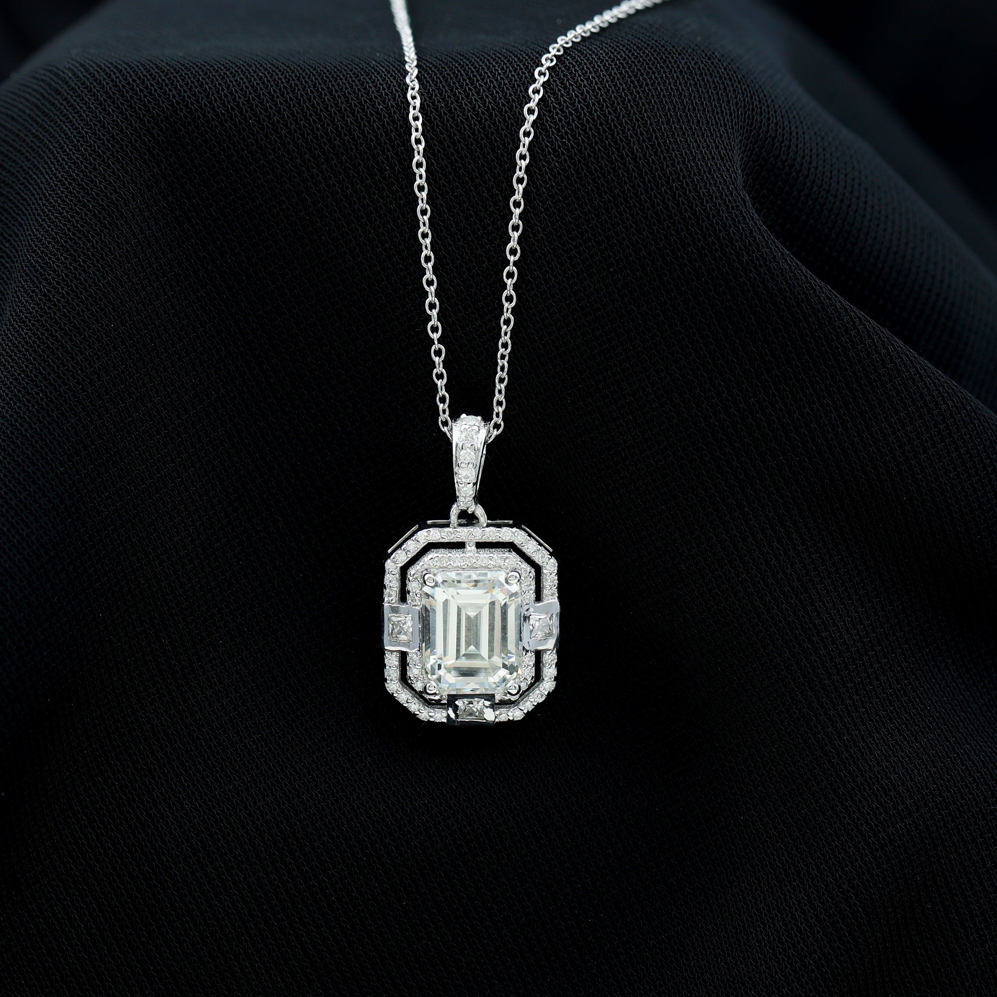 Vintage Style Emerald Cut Moissanite Halo Pendant Necklace in Silver - Rosec Jewels