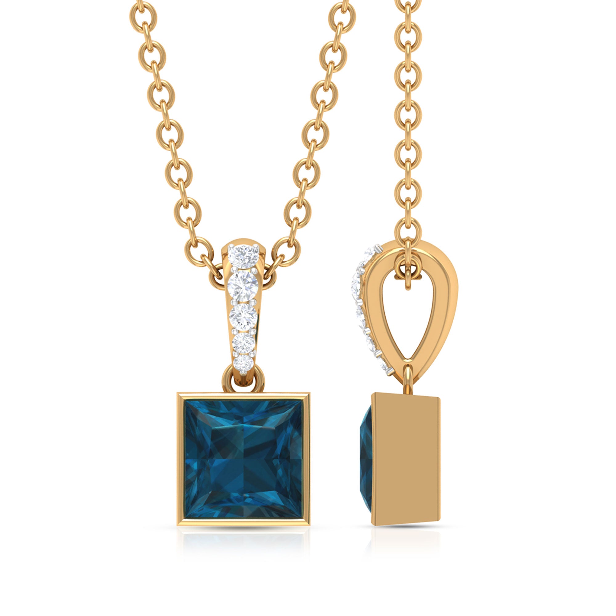 6 MM Princess Cut London Blue Topaz Solitaire Pendant with Diamond Accent Bail London Blue Topaz - ( AAA ) - Quality - Rosec Jewels