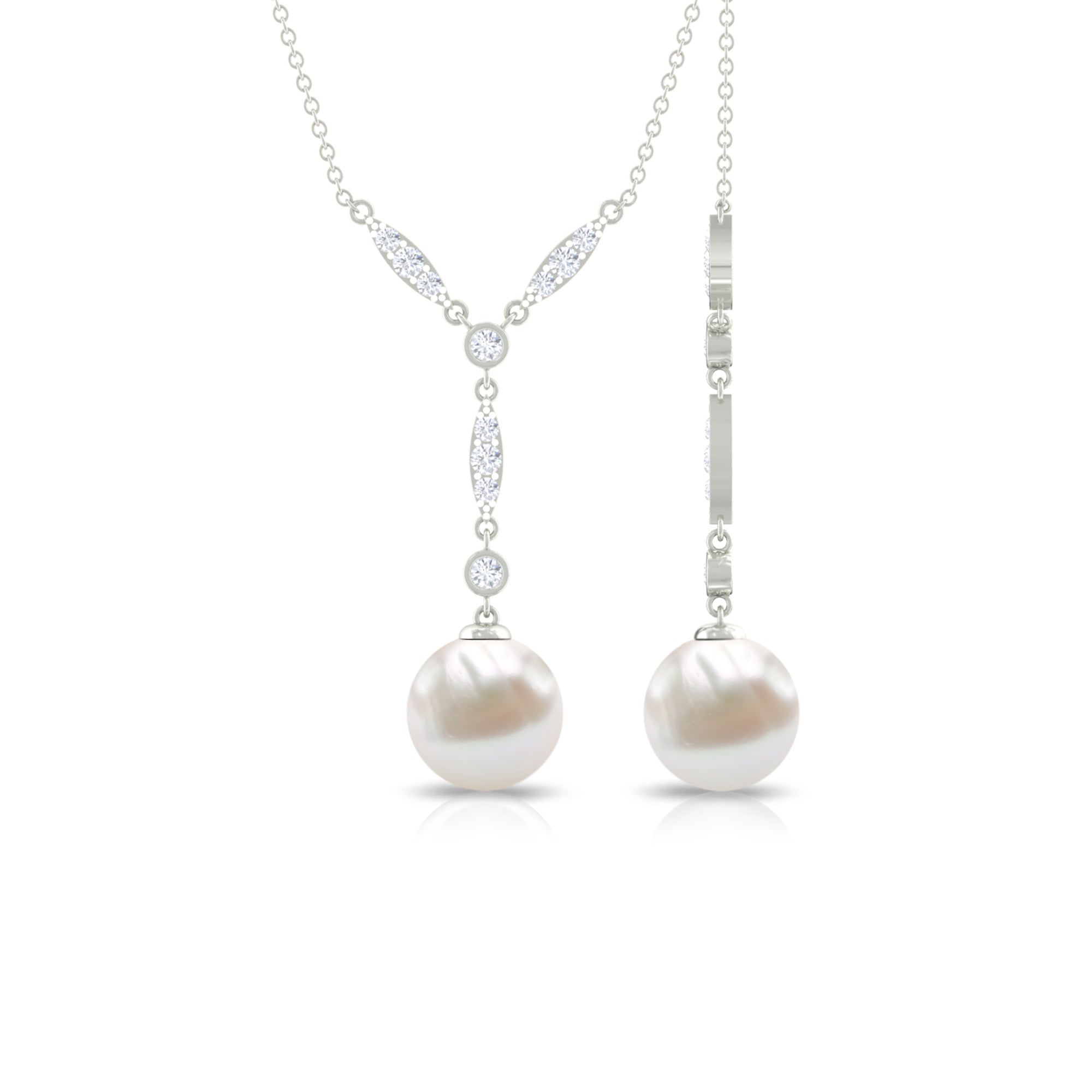 Lariat Style Diamond and Freshwater Pearl Drop Y Necklace Freshwater Pearl - ( AAA ) - Quality - Rosec Jewels