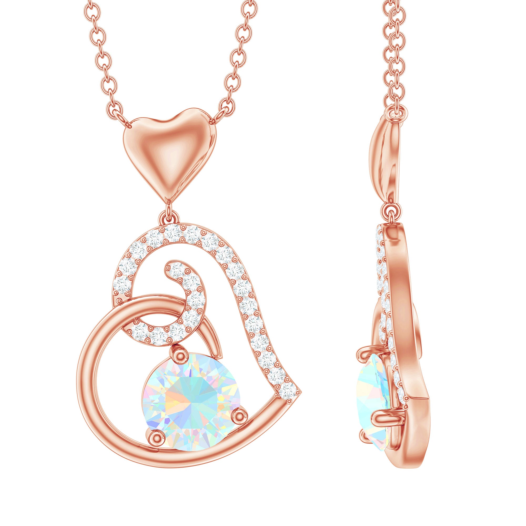 Ethiopian Opal Heart Pendant Necklace with Diamond Ethiopian Opal - ( AAA ) - Quality - Rosec Jewels