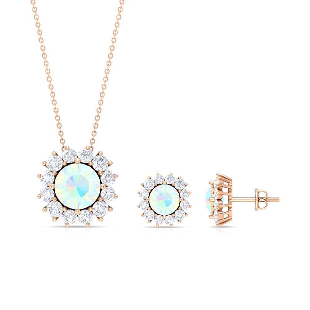 Ethiopian Opal and Moissanite Halo Pendant and Earrings Set Ethiopian Opal - ( AAA ) - Quality - Rosec Jewels