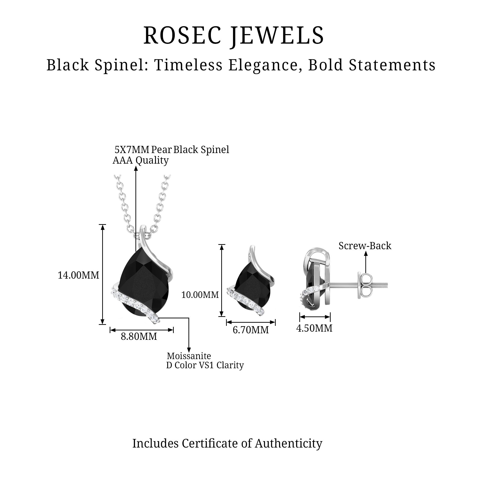 3 CT Black Spinel and Moissanite Teardrop Pendant Earrings Set in Silver - Rosec Jewels