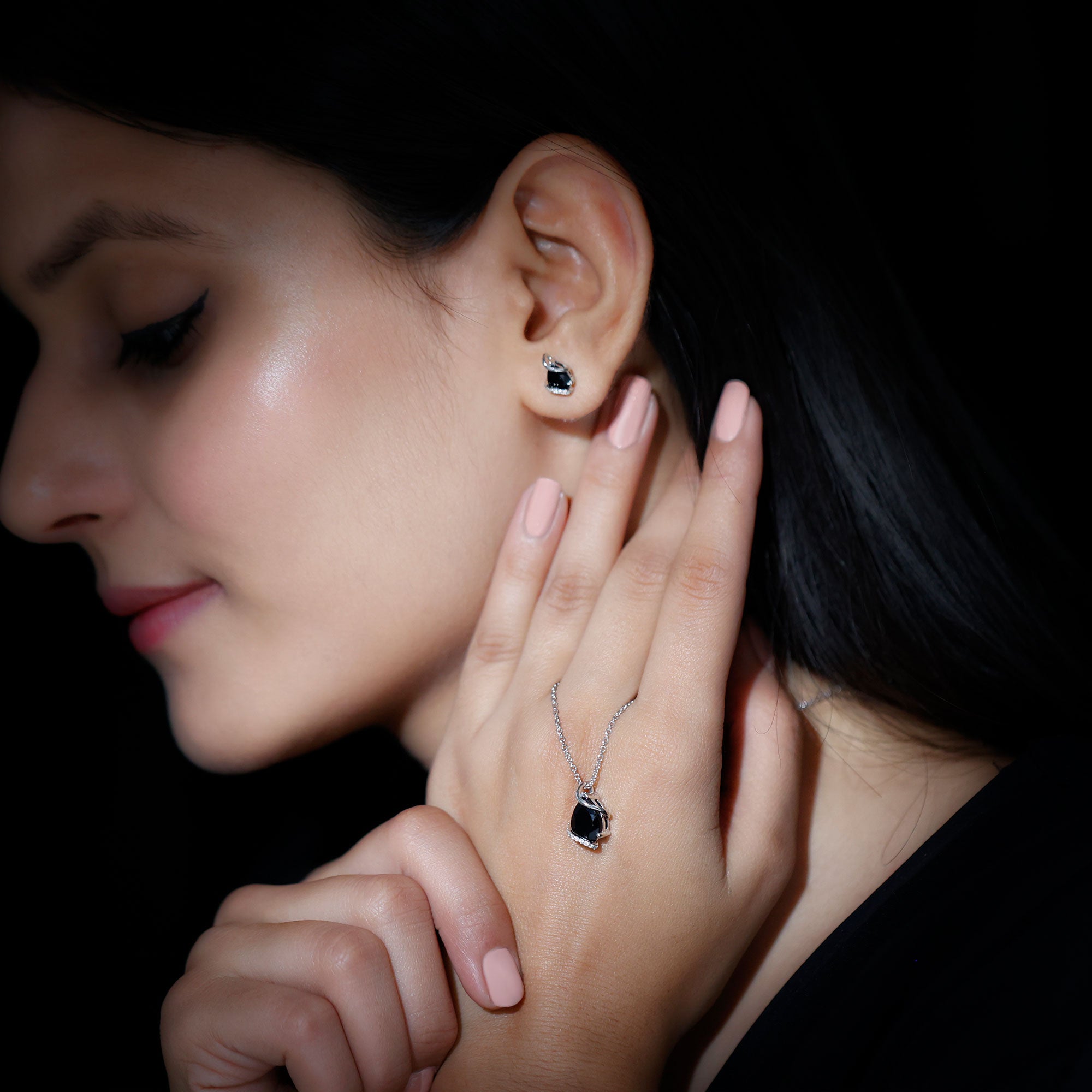 3 CT Black Spinel and Moissanite Teardrop Pendant Earrings Set in Silver - Rosec Jewels