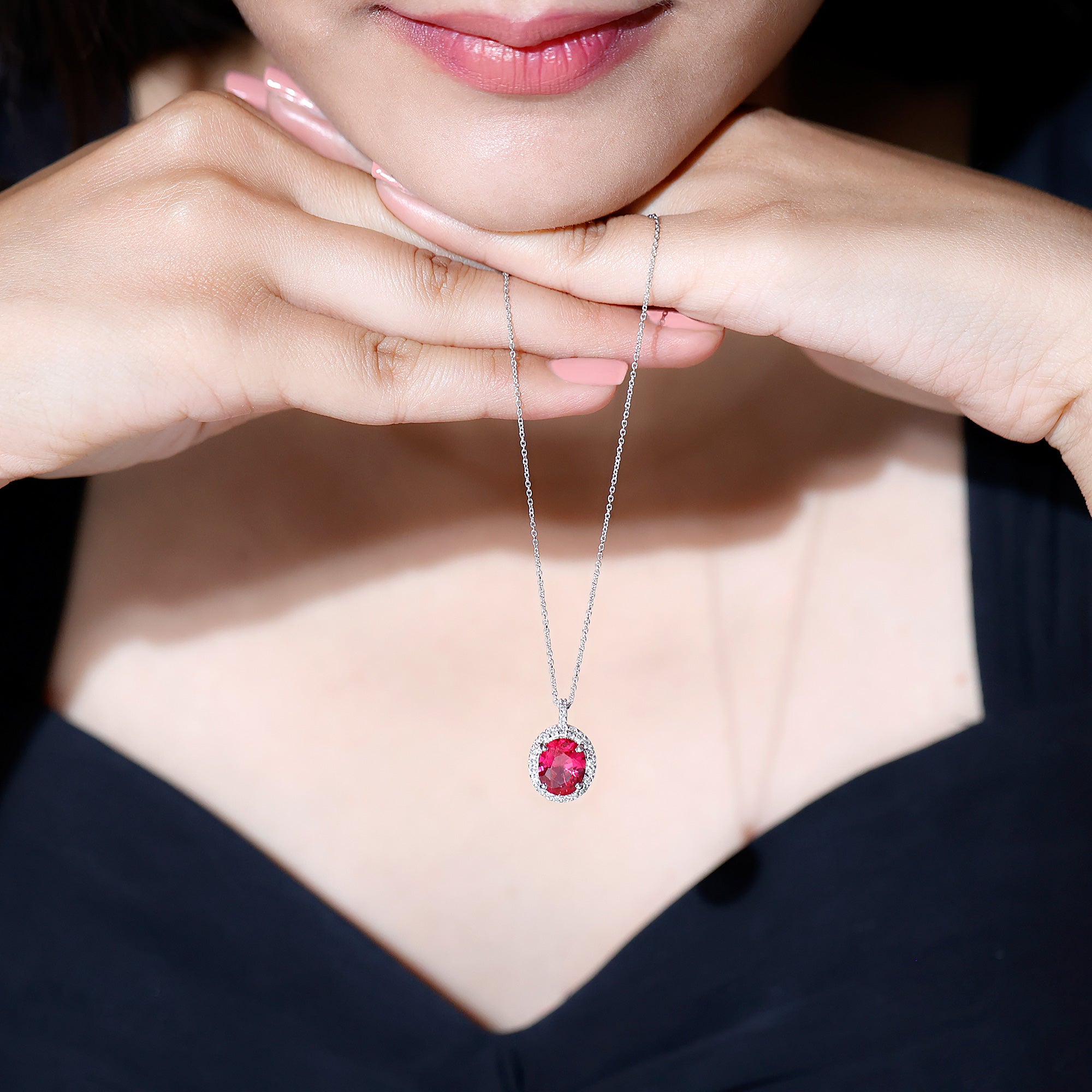 Oval Created Ruby Cocktail Halo Pendant with Diamond Accent Bail Lab Created Ruby - ( AAAA ) - Quality - Rosec Jewels