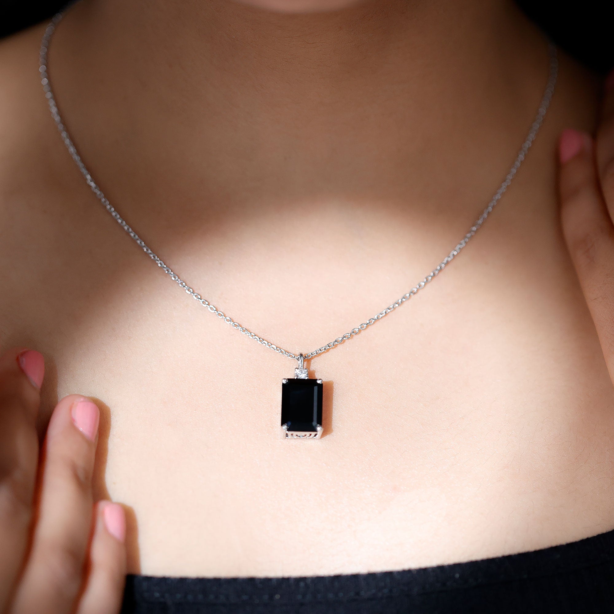 Emerald Cut Created Black Diamond Solitaire Pendant Necklace Lab Created Black Diamond - ( AAAA ) - Quality - Rosec Jewels