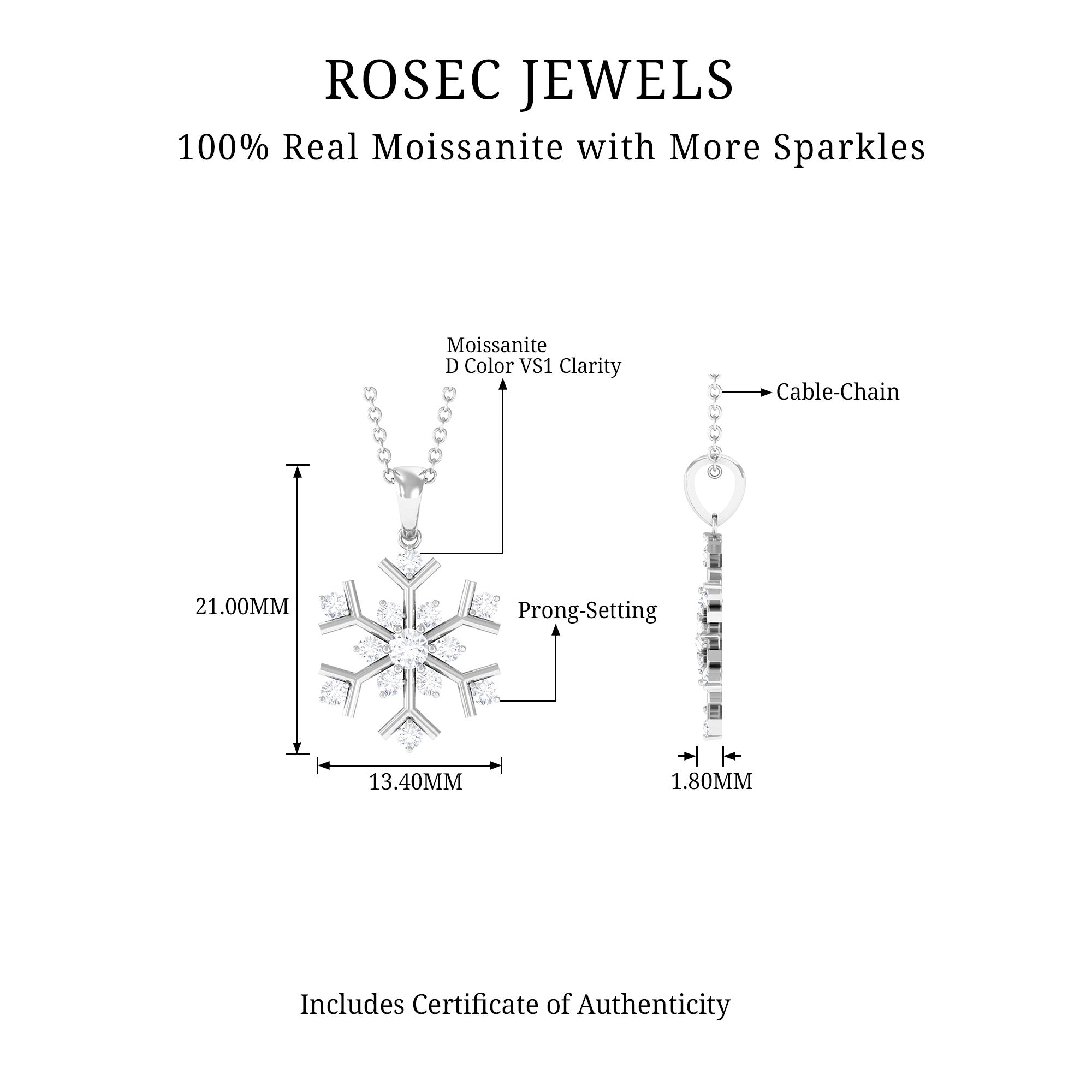 Certified Moissanite Silver Snowflake Pendant in 2 Prong Setting - Rosec Jewels