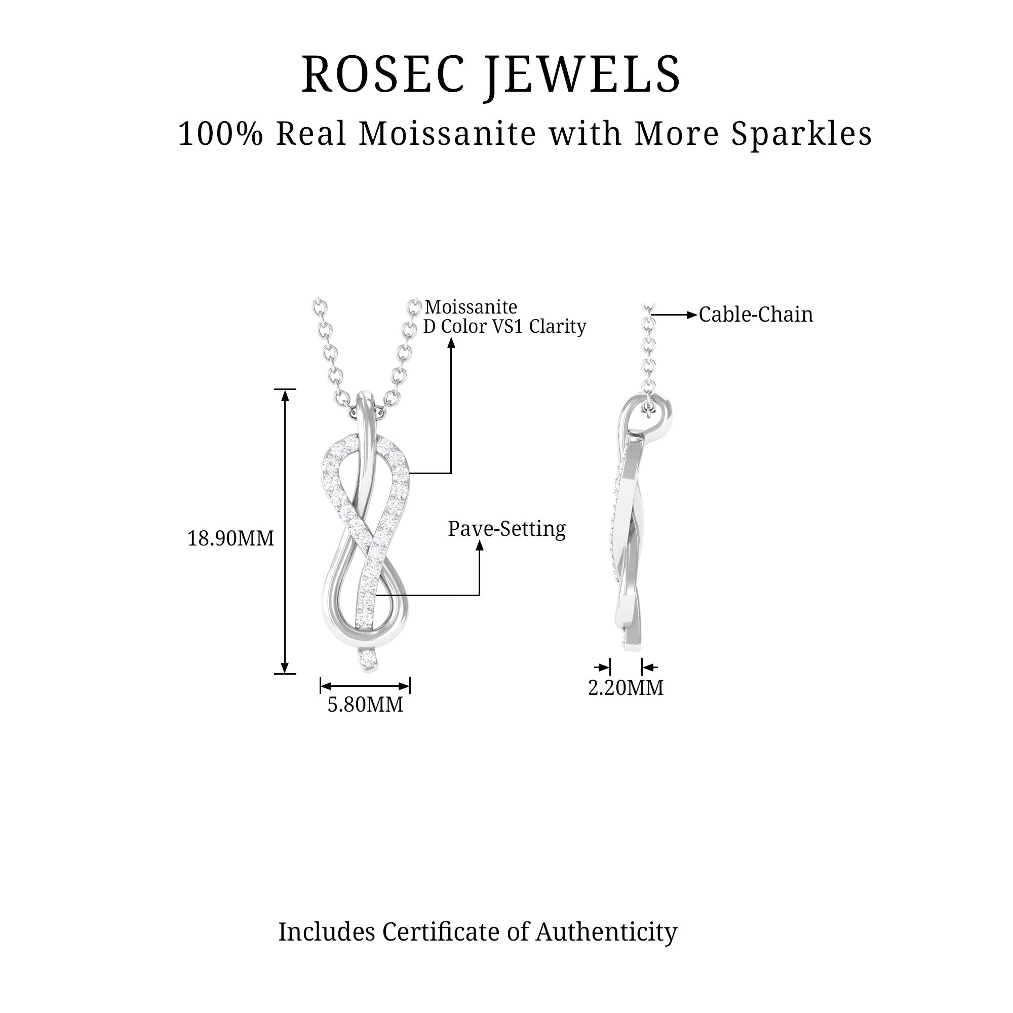 Minimal Moissanite Infinity Knot Style Pendant Necklace in Silver - Rosec Jewels