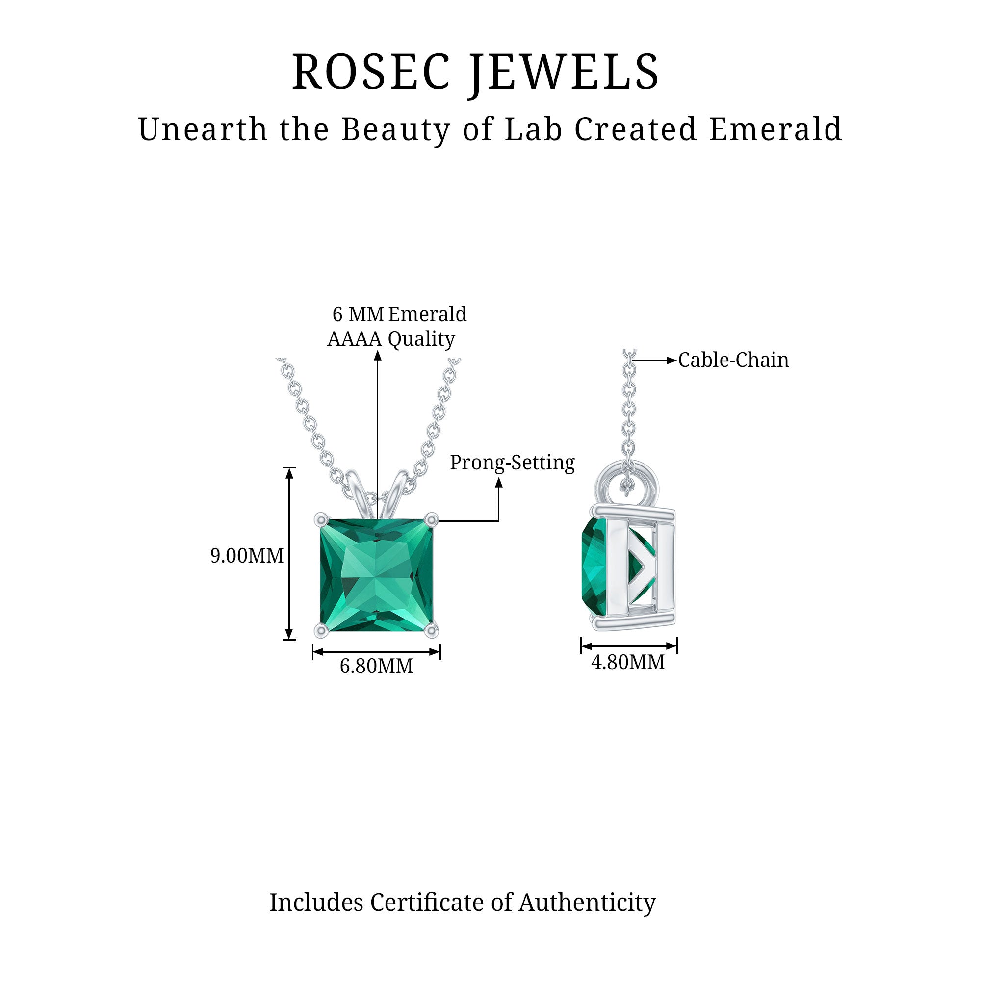 1.2 CT Princess Cut Created Emerald Solitaire Silver Pendant for Women - Rosec Jewels