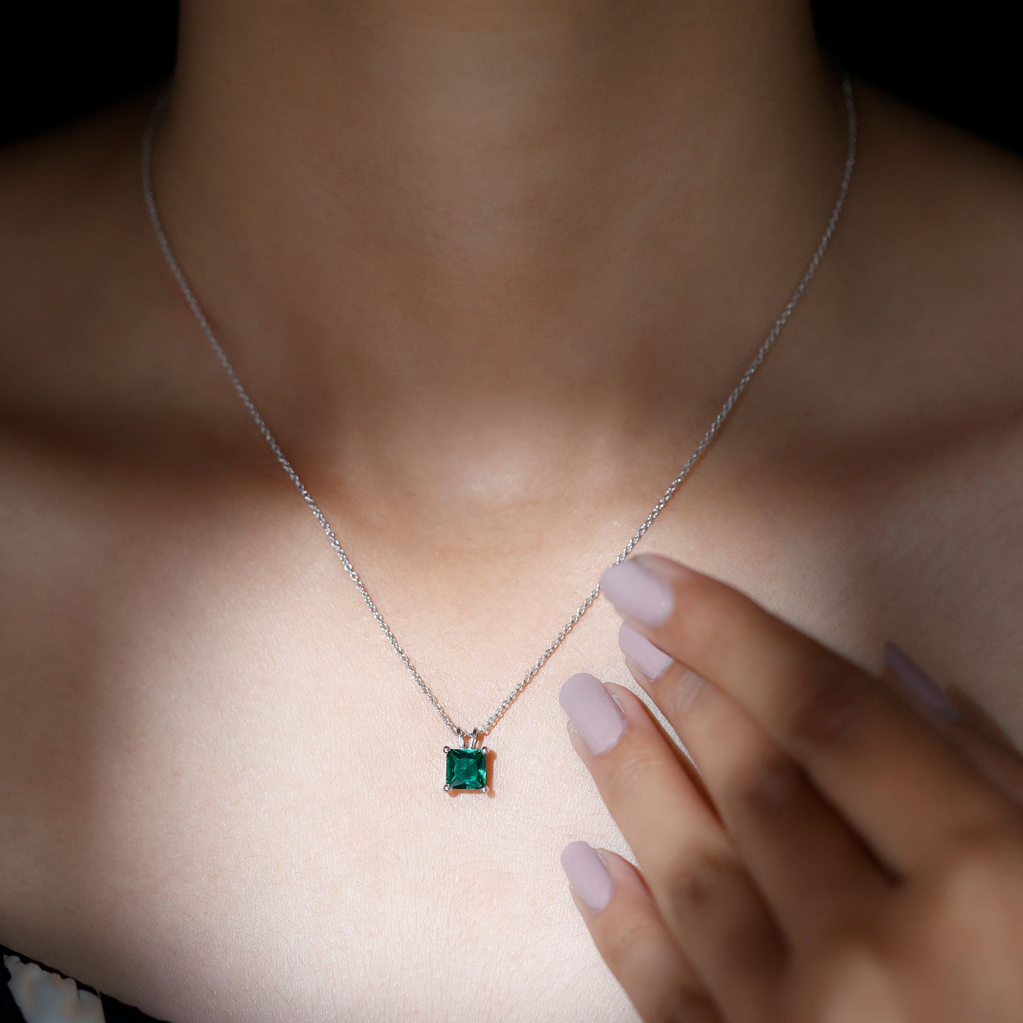 1.2 CT Princess Cut Created Emerald Solitaire Silver Pendant for Women - Rosec Jewels