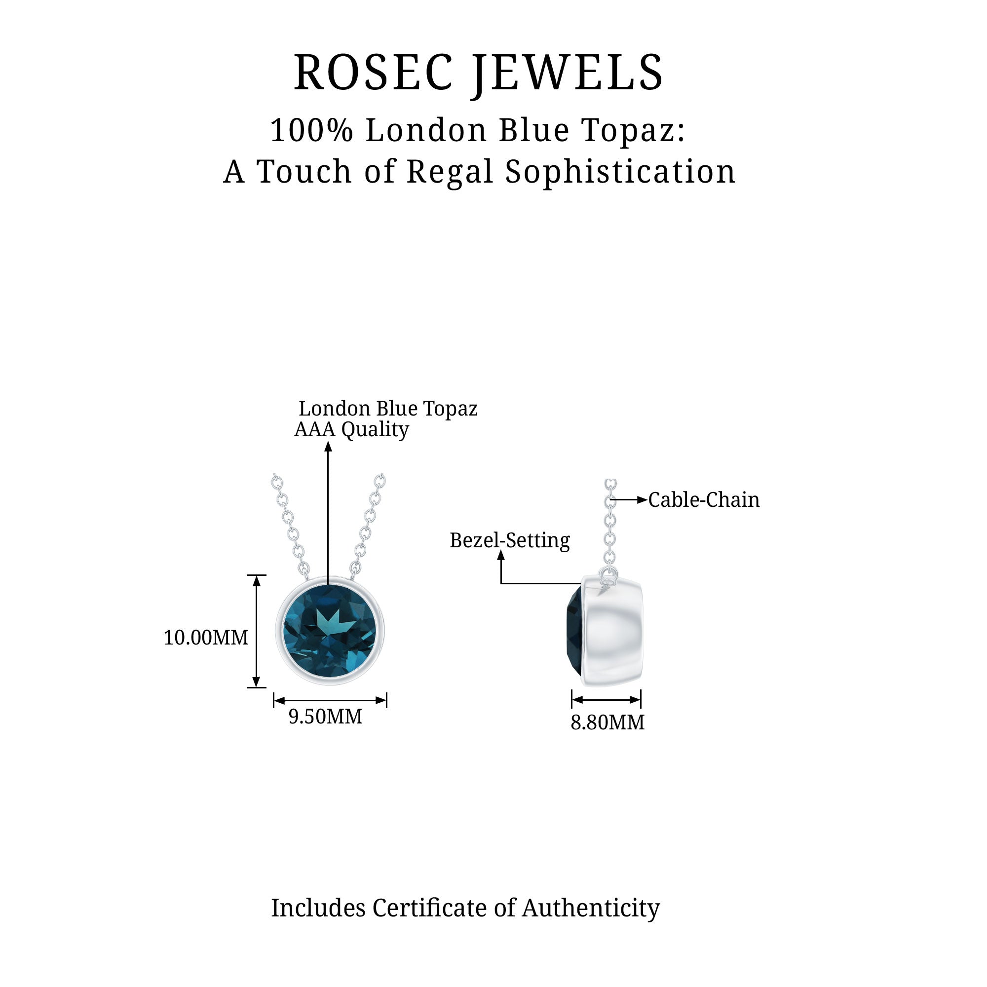 8 MM Solitaire London Blue Topaz Necklace in Bezel Setting London Blue Topaz - ( AAA ) - Quality - Rosec Jewels