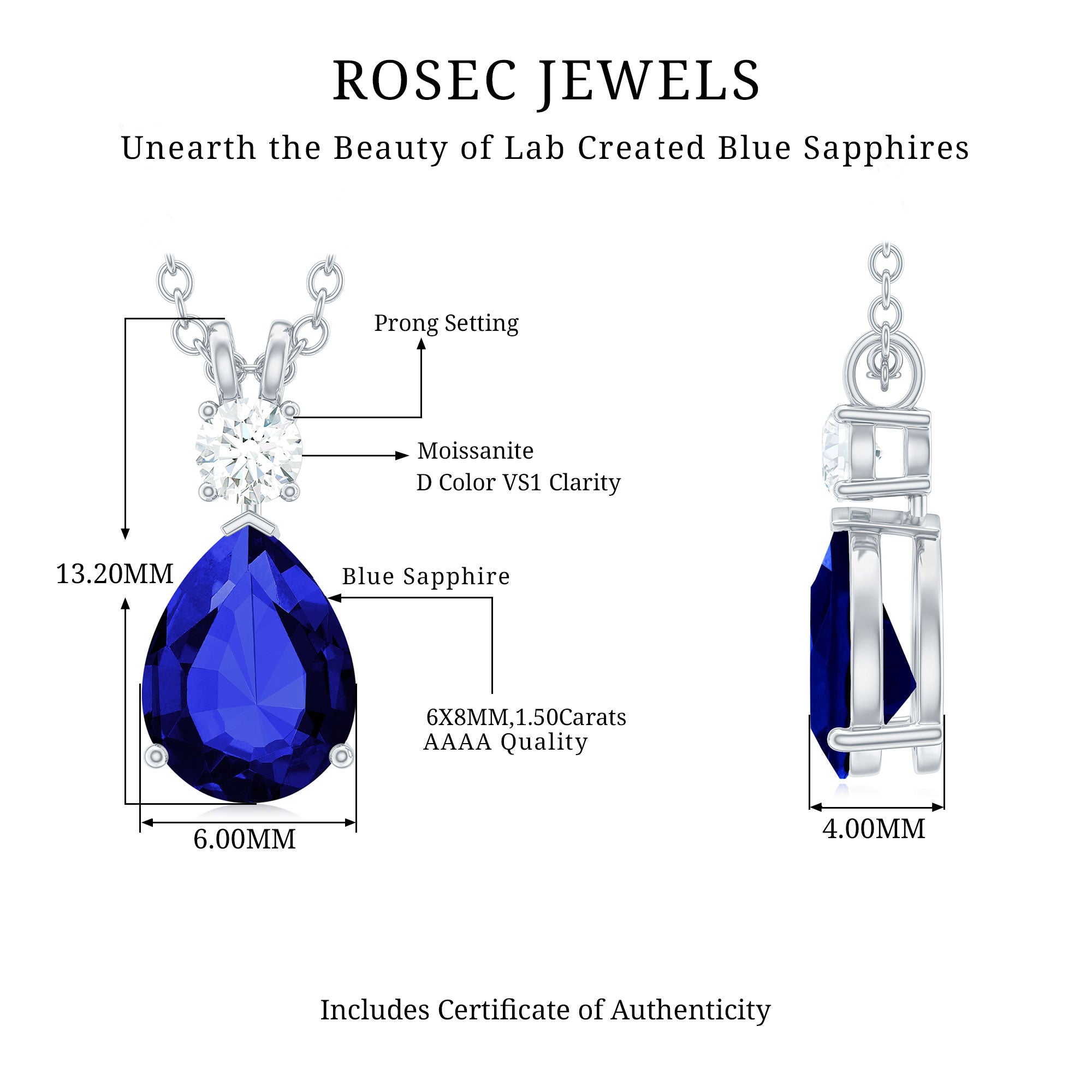 Created Blue Sapphire and Moissanite Modern Teardrop Pendant Lab Created Blue Sapphire - ( AAAA ) - Quality - Rosec Jewels