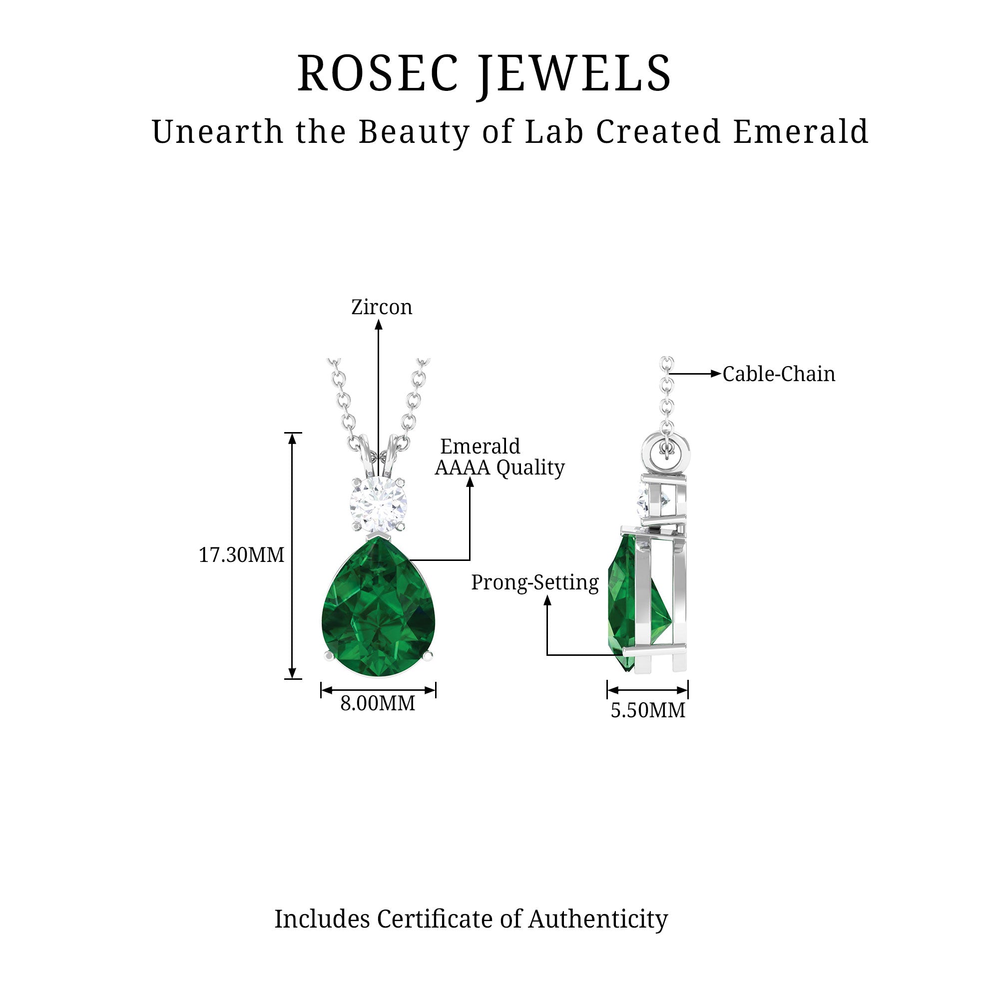 Created Emerald and Zircon Modern Teardrop Pendant in Silver - Rosec Jewels