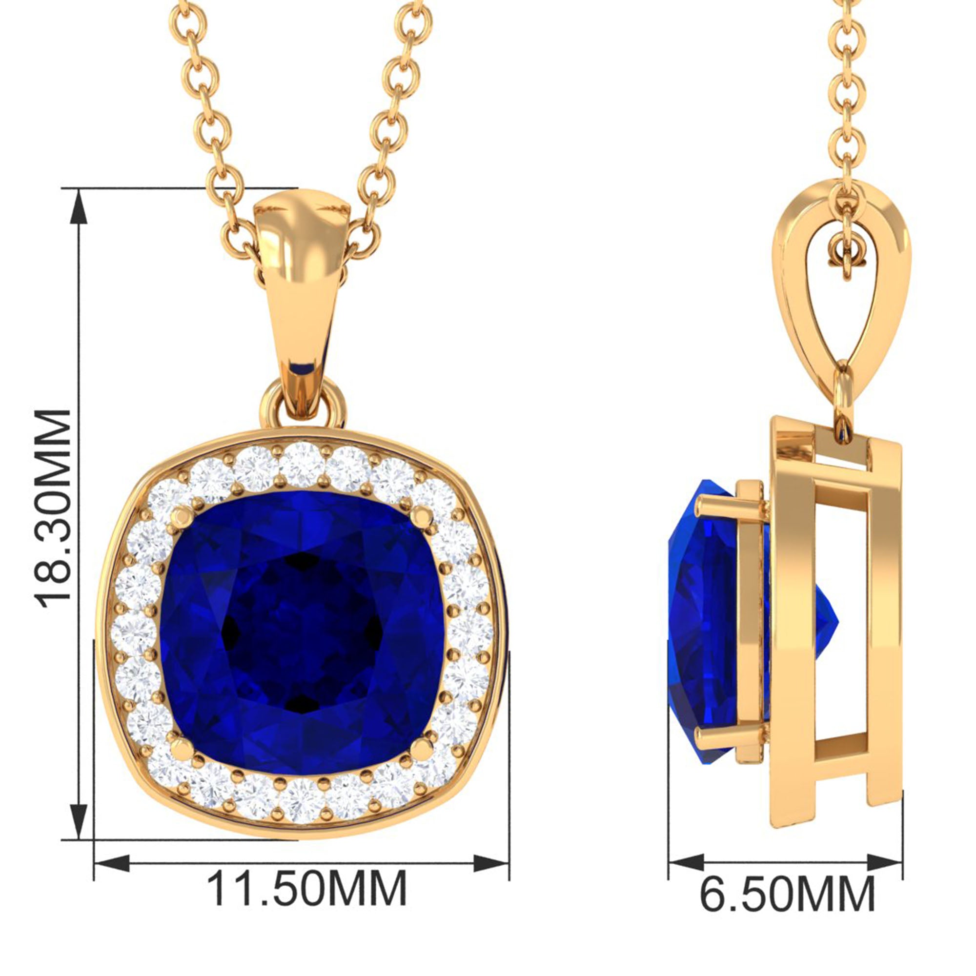 Cushion Cut Lab Created Blue Sapphire Halo Pendant Necklace With Moissanite Lab Created Blue Sapphire - ( AAAA ) - Quality - Rosec Jewels