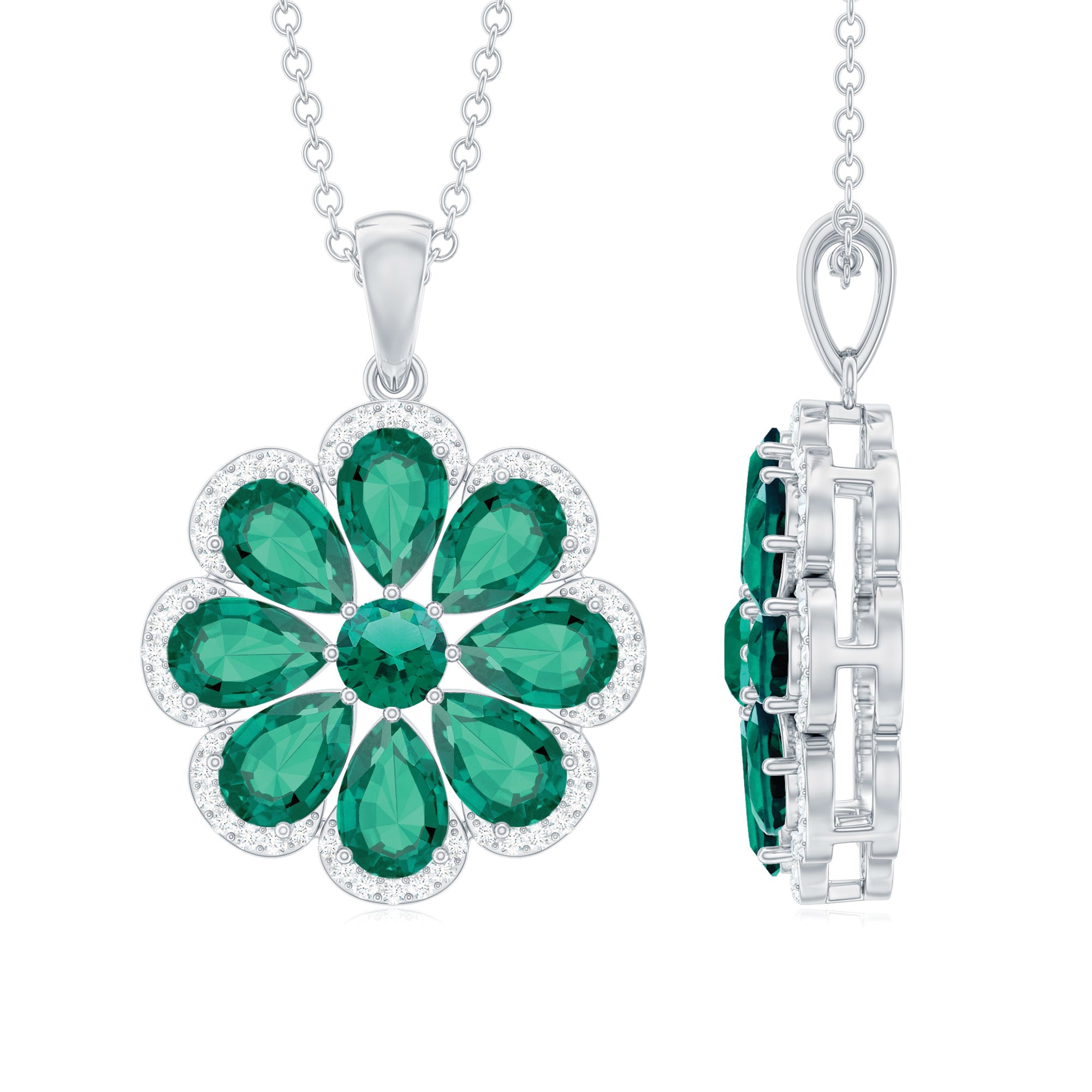 Pear Cut Created Emerald Flower Pendant with Zircon Accent Lab Created Emerald - ( AAAA ) - Quality - Rosec Jewels