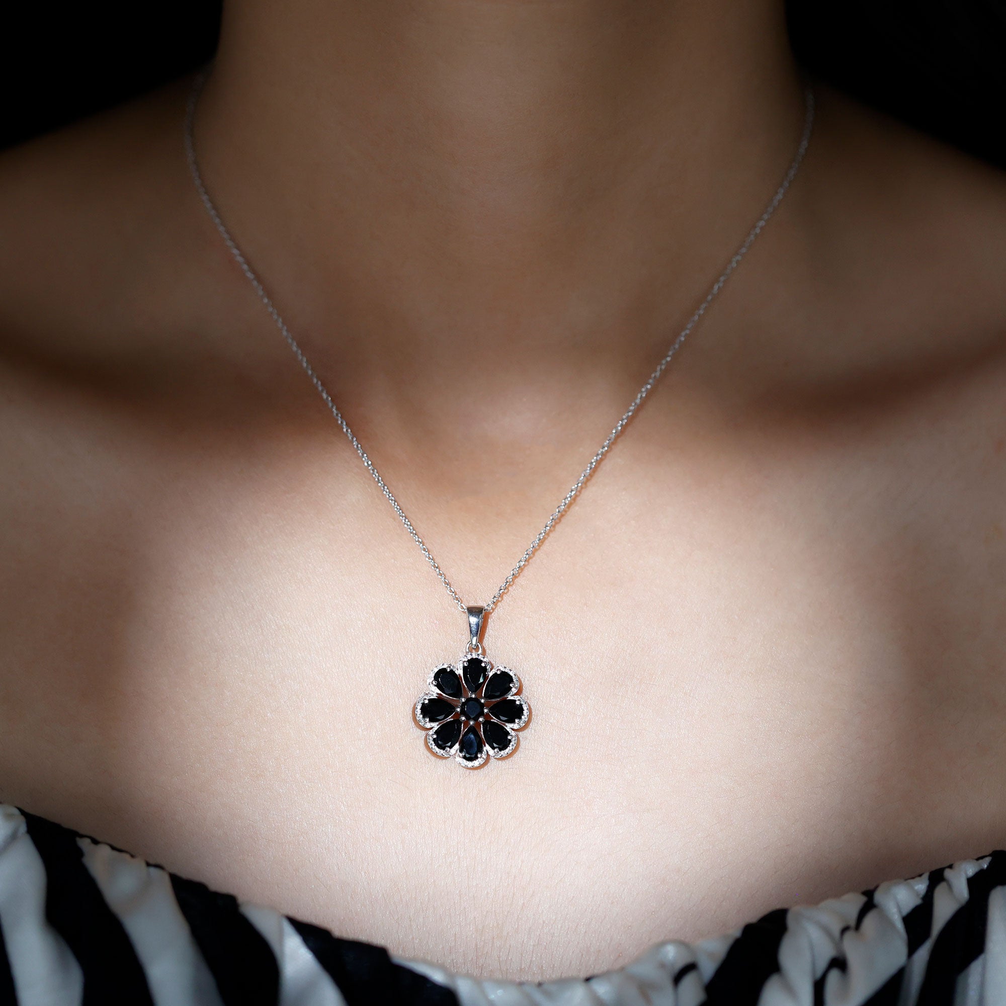 3.25 CT Black Spinel Flower Pendant with Moissanite Halo Black Spinel - ( AAA ) - Quality - Rosec Jewels