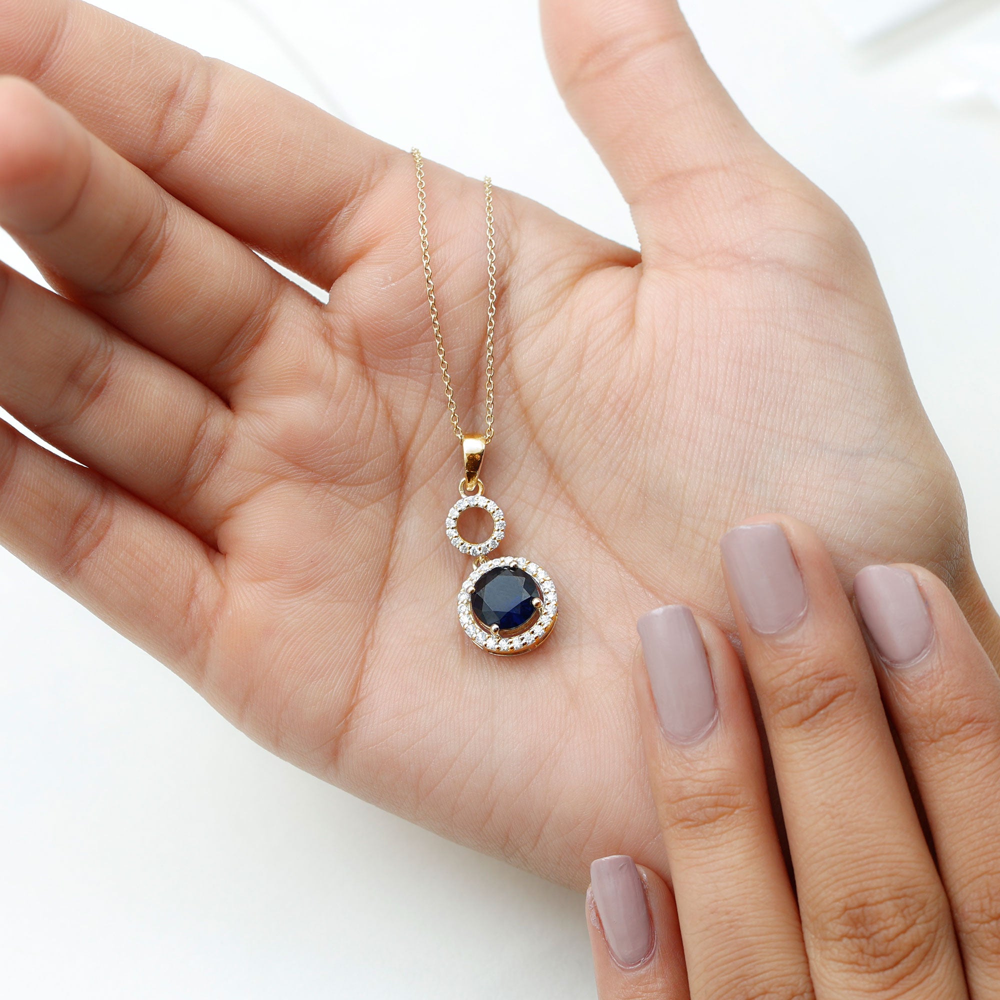 Lab-Created Blue Sapphire Halo Dangle Pendant with Moissanite Lab Created Blue Sapphire - ( AAAA ) - Quality - Rosec Jewels