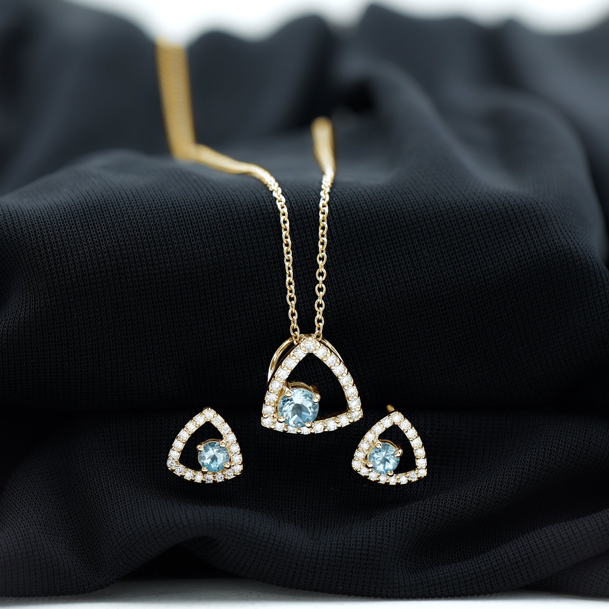 Simple Aquamarine and Moissanite Triangle Jewelry Set Aquamarine - ( AAA ) - Quality - Rosec Jewels