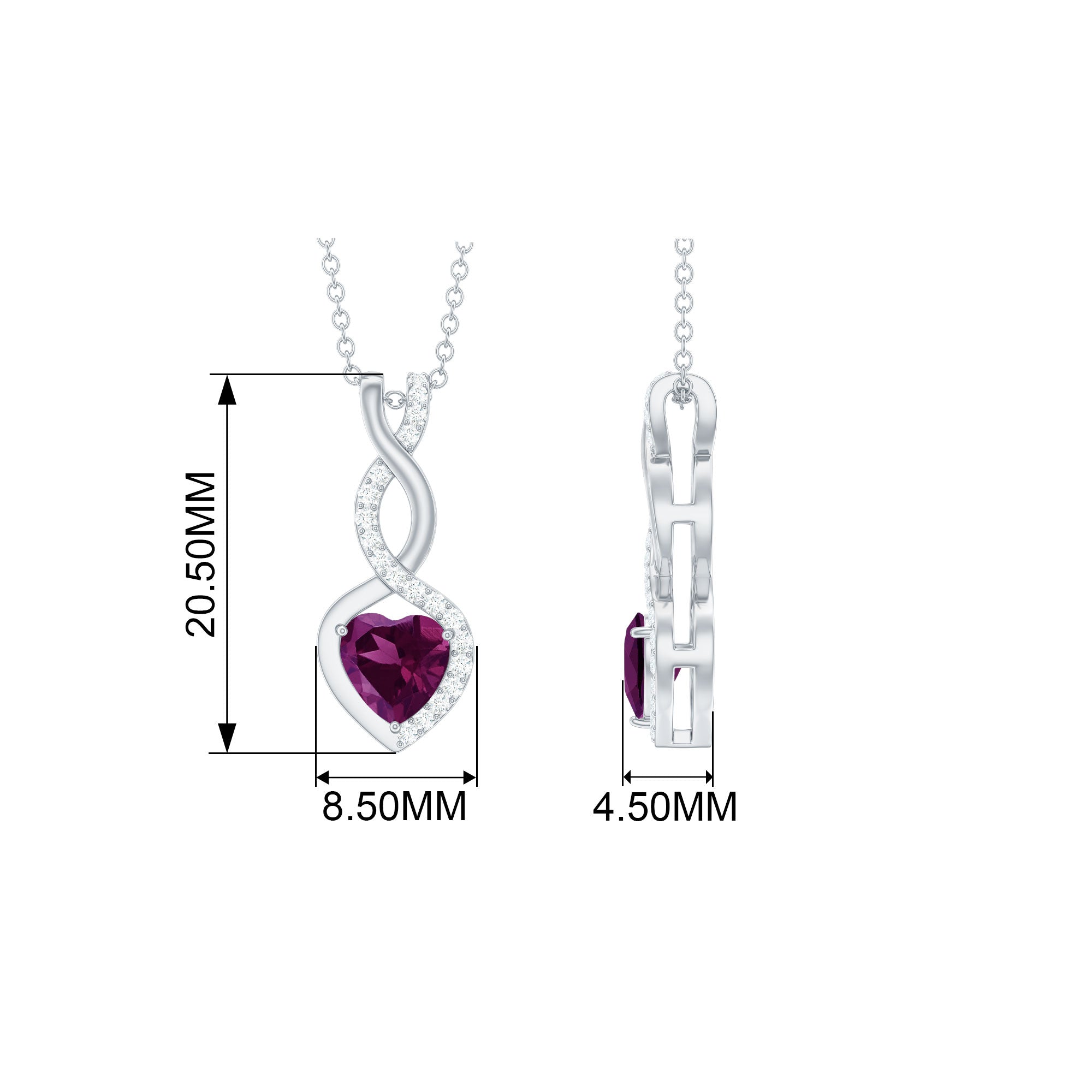 Heart Shape Rhodolite and Diamond Infinity Dangle Pendant Rhodolite - ( AAA ) - Quality - Rosec Jewels