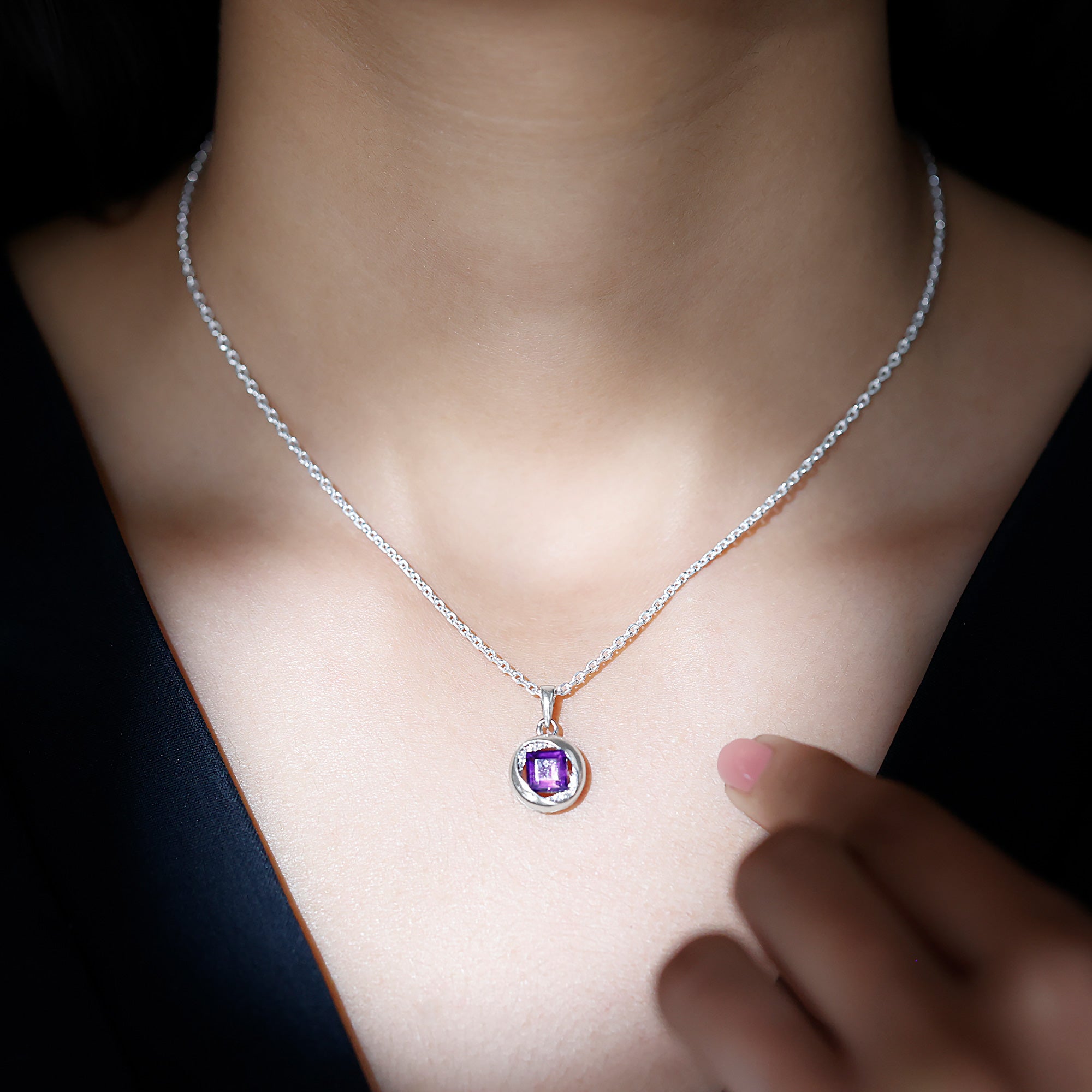 8 MM Princess Cut Amethyst Solitaire Pendant Necklace Amethyst - ( AAA ) - Quality 92.5 Sterling Silver - Rosec Jewels