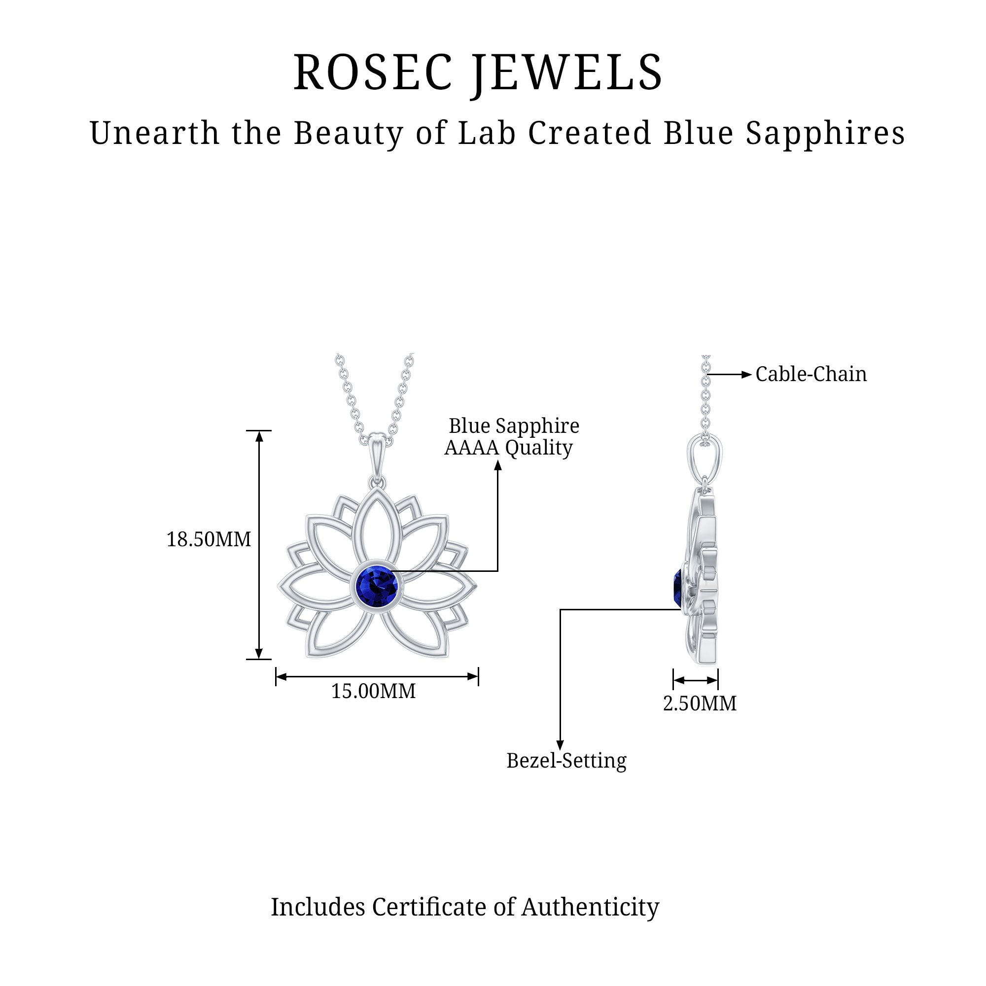 Lab Grown Blue Sapphire Lotus Flower Necklace Lab Created Blue Sapphire - ( AAAA ) - Quality - Rosec Jewels