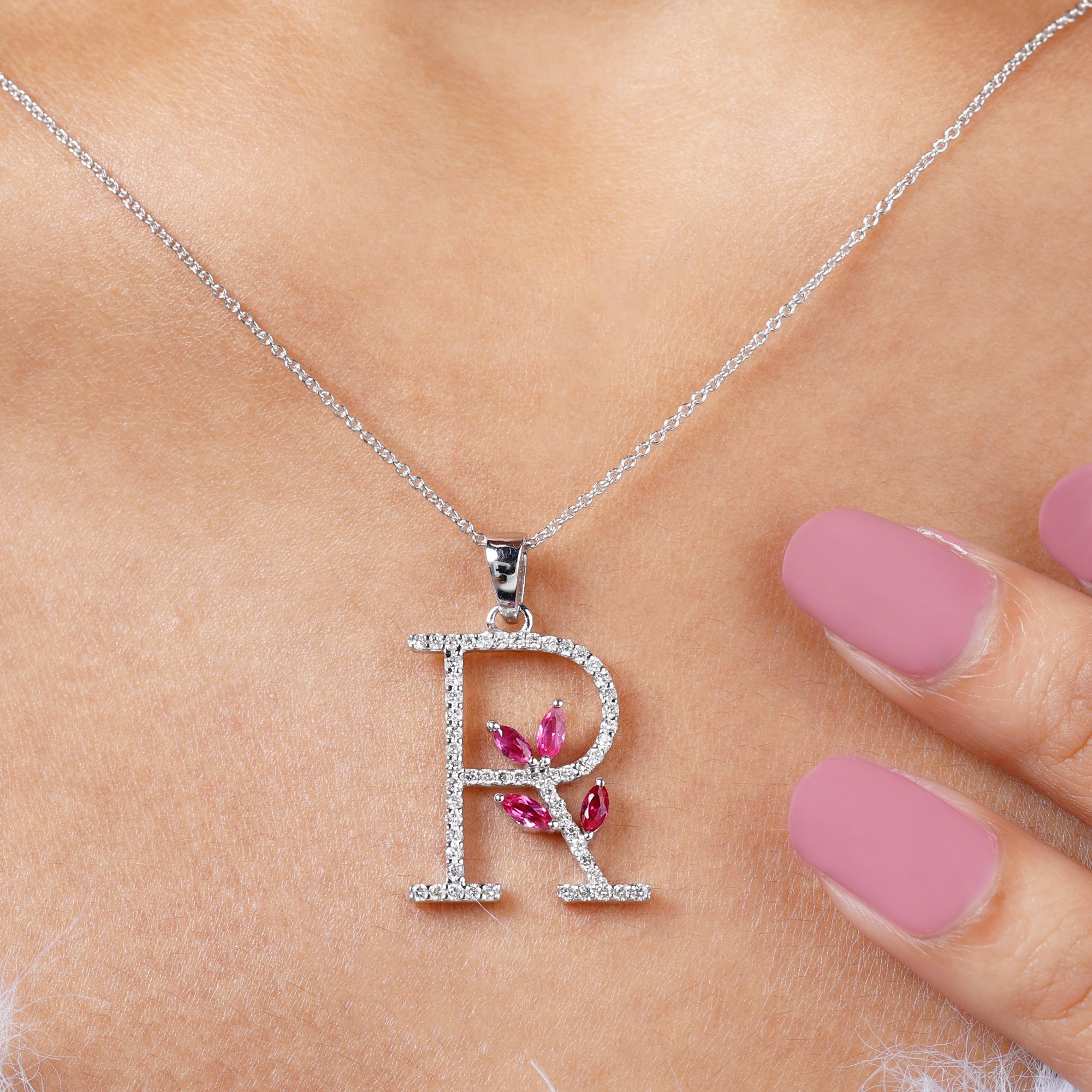 Moissanite R Initial Pendant Necklace With Lab Grown Ruby Lab Created Ruby - ( AAAA ) - Quality - Rosec Jewels