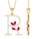 Moissanite R Initial Pendant Necklace With Lab Grown Ruby Lab Created Ruby - ( AAAA ) - Quality - Rosec Jewels